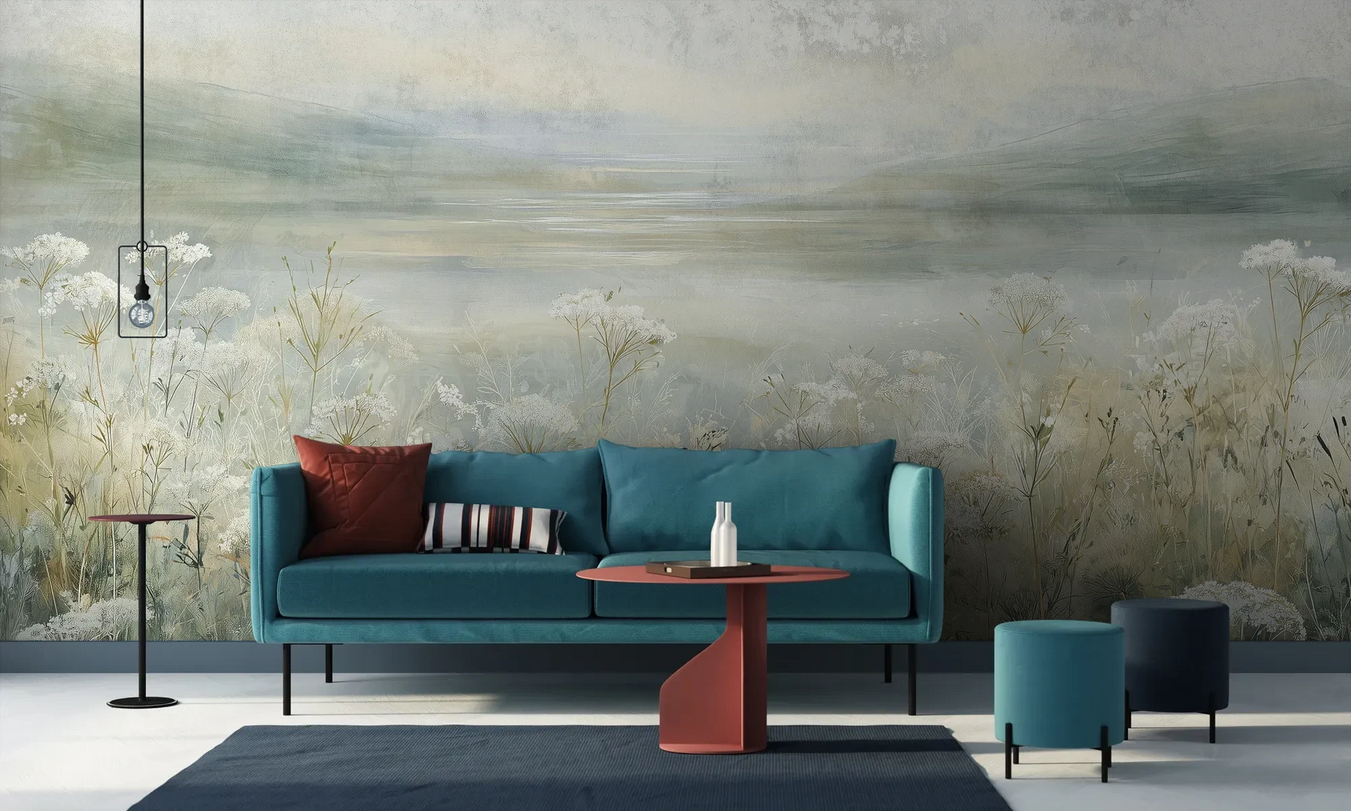 Wzór fototapety COASTAL WHISPERS - tapeta z łąką nad brzegiem morza pokazanej w aranżacji salonu.