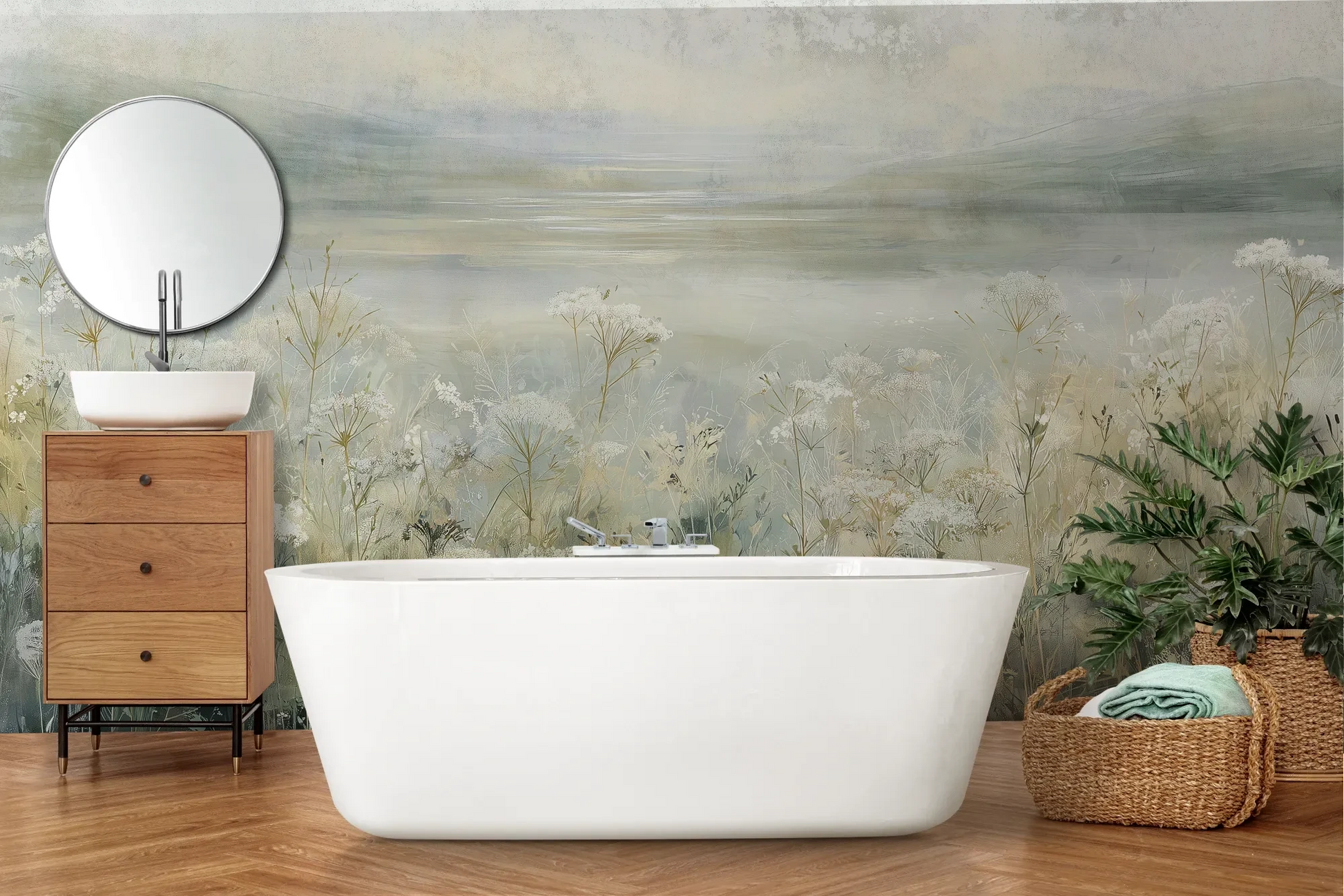 Wzór fototapety COASTAL WHISPERS - tapeta z łąką nad brzegiem morza pokazanej w aranżacji łazienki.