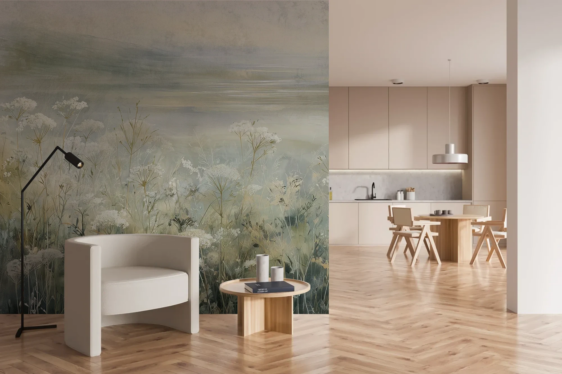 Wzór fototapety COASTAL WHISPERS - tapeta z łąką nad brzegiem morza pokazanej w aranżacji kuchni.