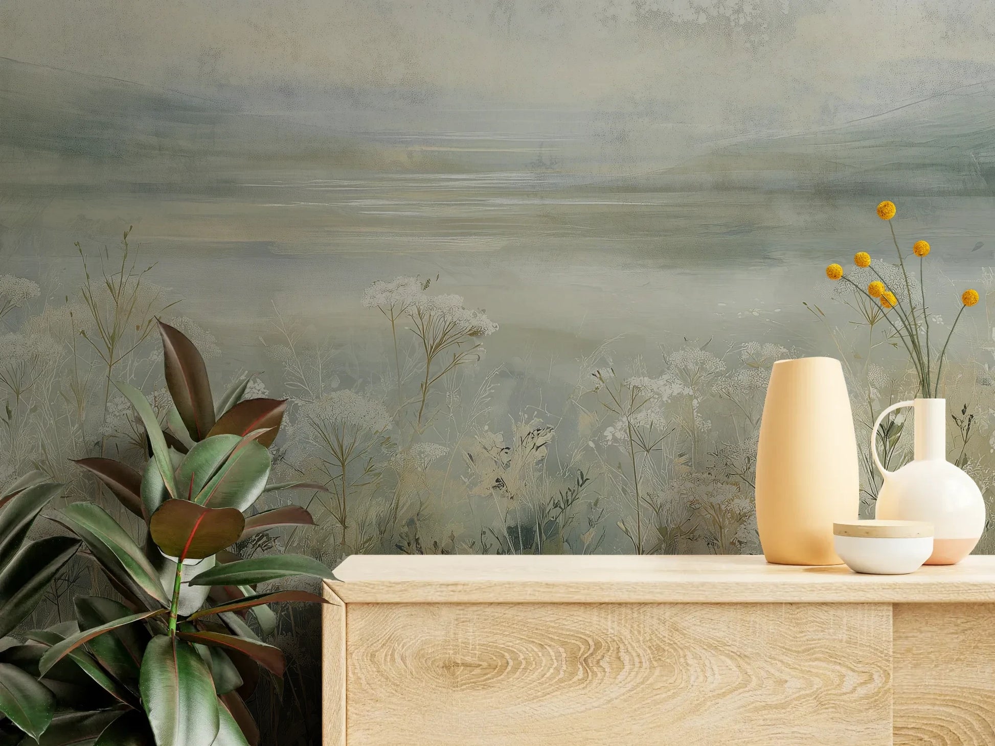 Fototapeta COASTAL WHISPERS - tapeta z łąką nad brzegiem morza pokazana w aranżacji wnętrza z akcentem na ścianie.