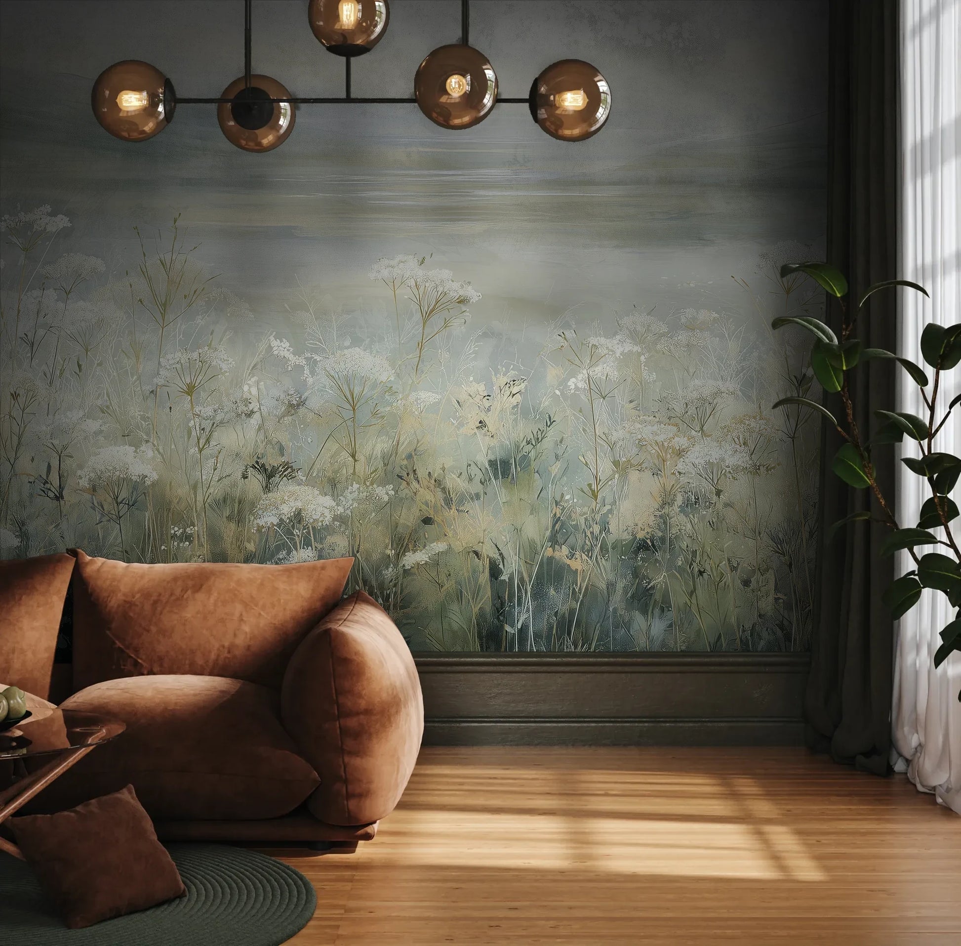 Fototapeta COASTAL WHISPERS - tapeta z łąką nad brzegiem morza pokazana w aranżacji wnętrza z akcentem na ścianie.