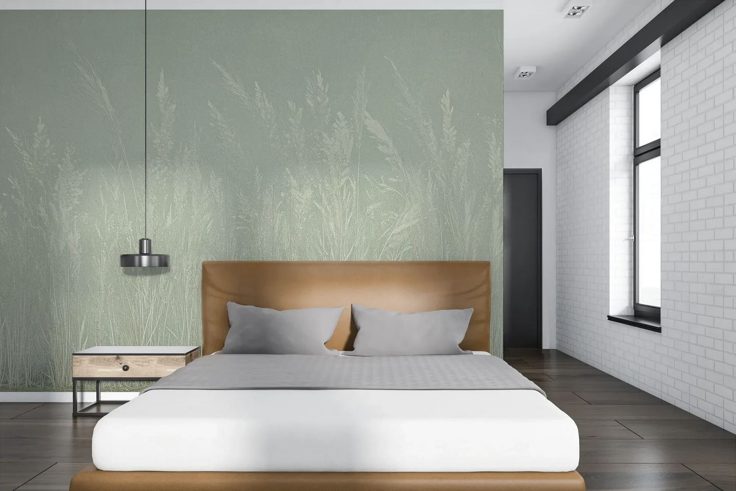 Wzór fototapety MEADOW REVERIE - tapeta z delikatnym wzorem traw na seledynowym tle pokazanej w aranżacji sypialni.