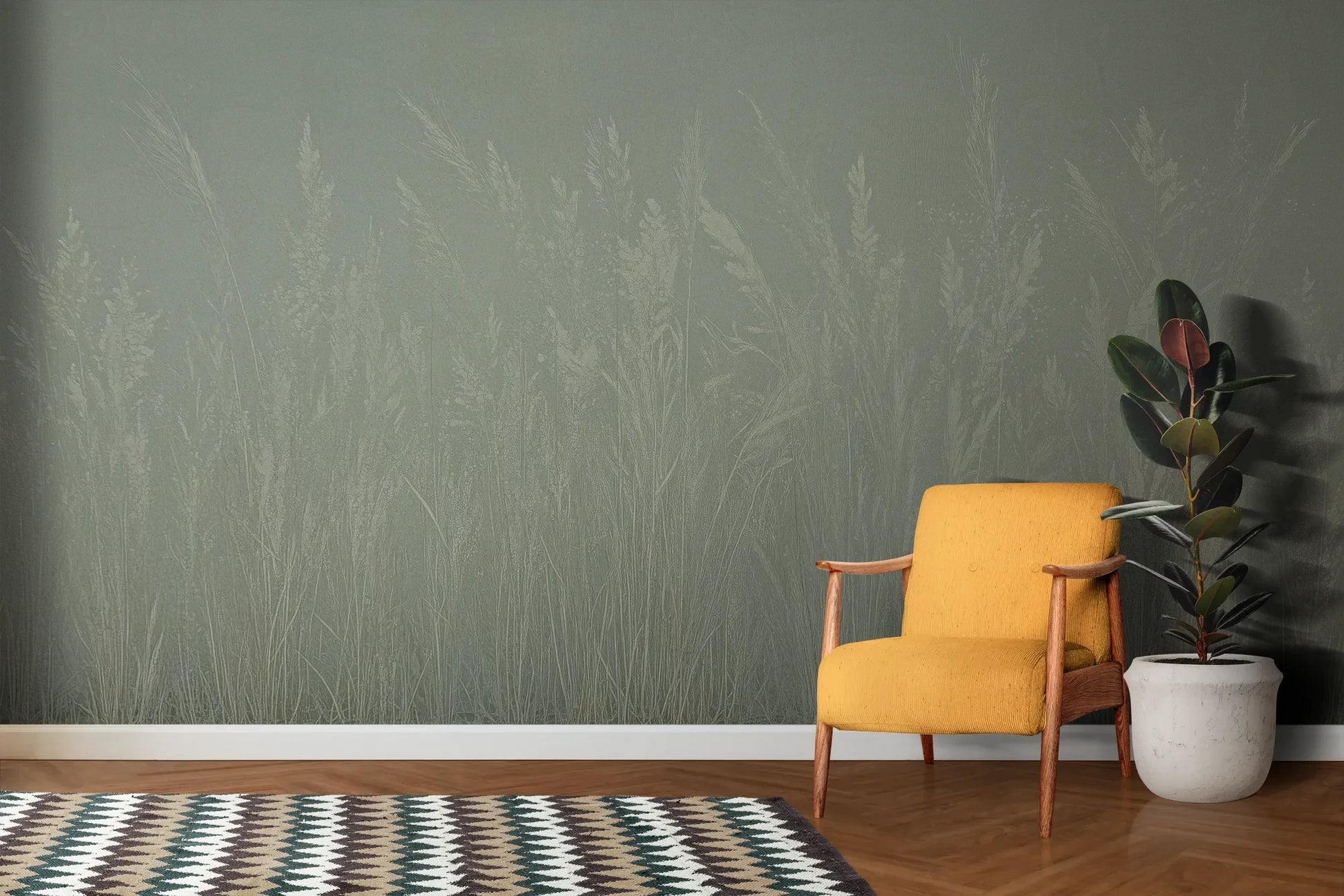 Wzór fototapety MEADOW REVERIE - tapeta z delikatnym wzorem traw na seledynowym tle pokazanej w aranżacji salonu.