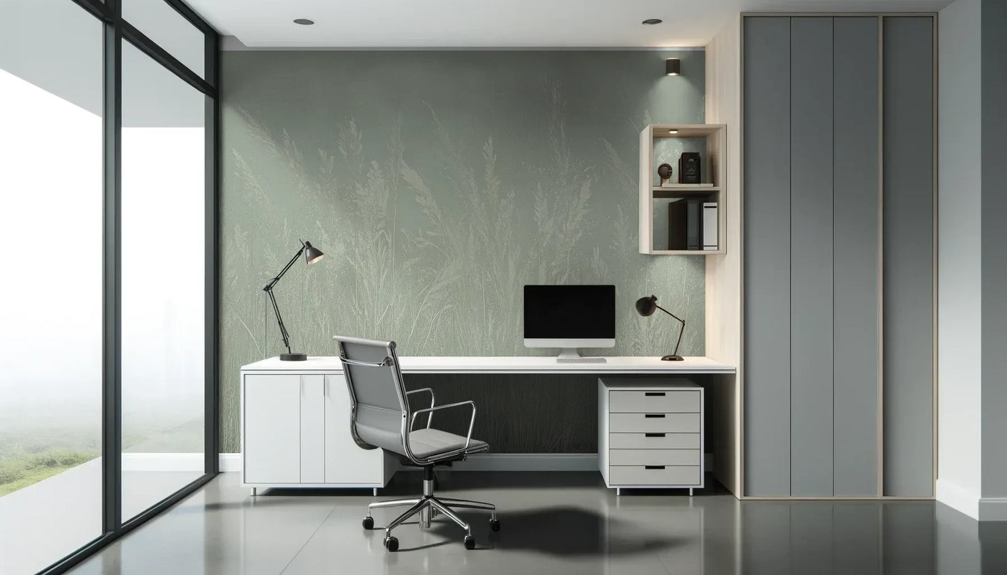 Fototapeta MEADOW REVERIE - tapeta z delikatnym wzorem traw na seledynowym tle pokazana w aranżacji biura.