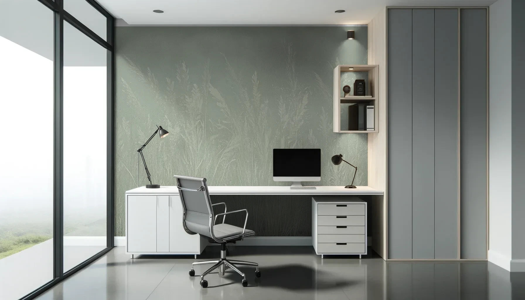 Fototapeta MEADOW REVERIE - tapeta z delikatnym wzorem traw na seledynowym tle pokazana w aranżacji biura.