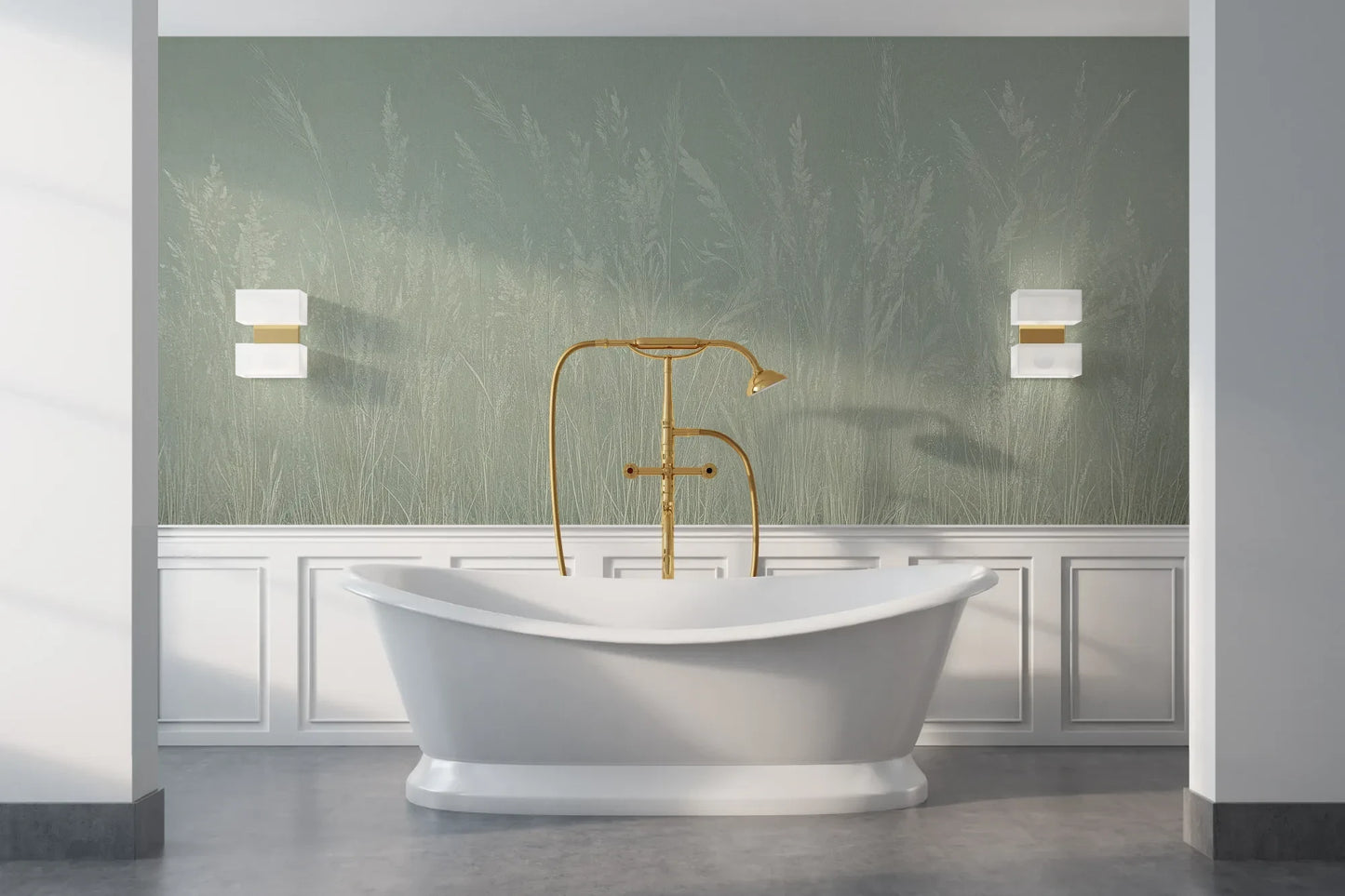 Wzór fototapety MEADOW REVERIE - tapeta z delikatnym wzorem traw na seledynowym tle pokazanej w aranżacji łazienki.