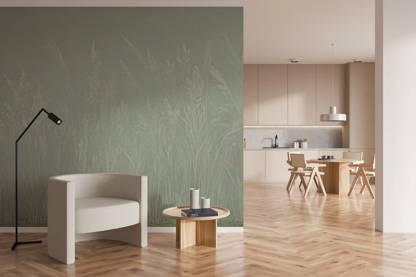 Wzór fototapety MEADOW REVERIE - tapeta z delikatnym wzorem traw na seledynowym tle pokazanej w aranżacji kuchni.