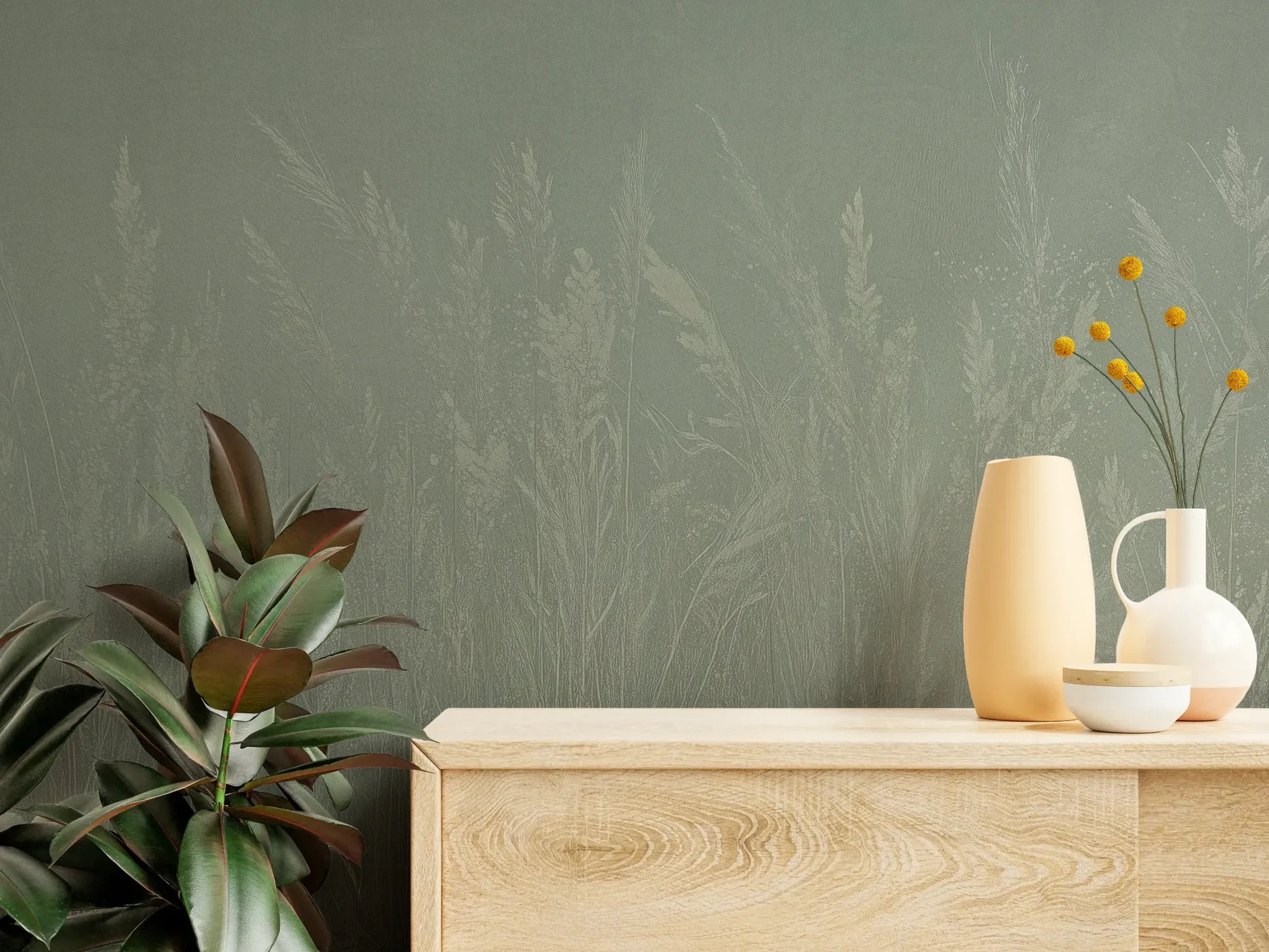 Fototapeta MEADOW REVERIE - tapeta z delikatnym wzorem traw na seledynowym tle pokazana w aranżacji wnętrza z akcentem na ścianie.