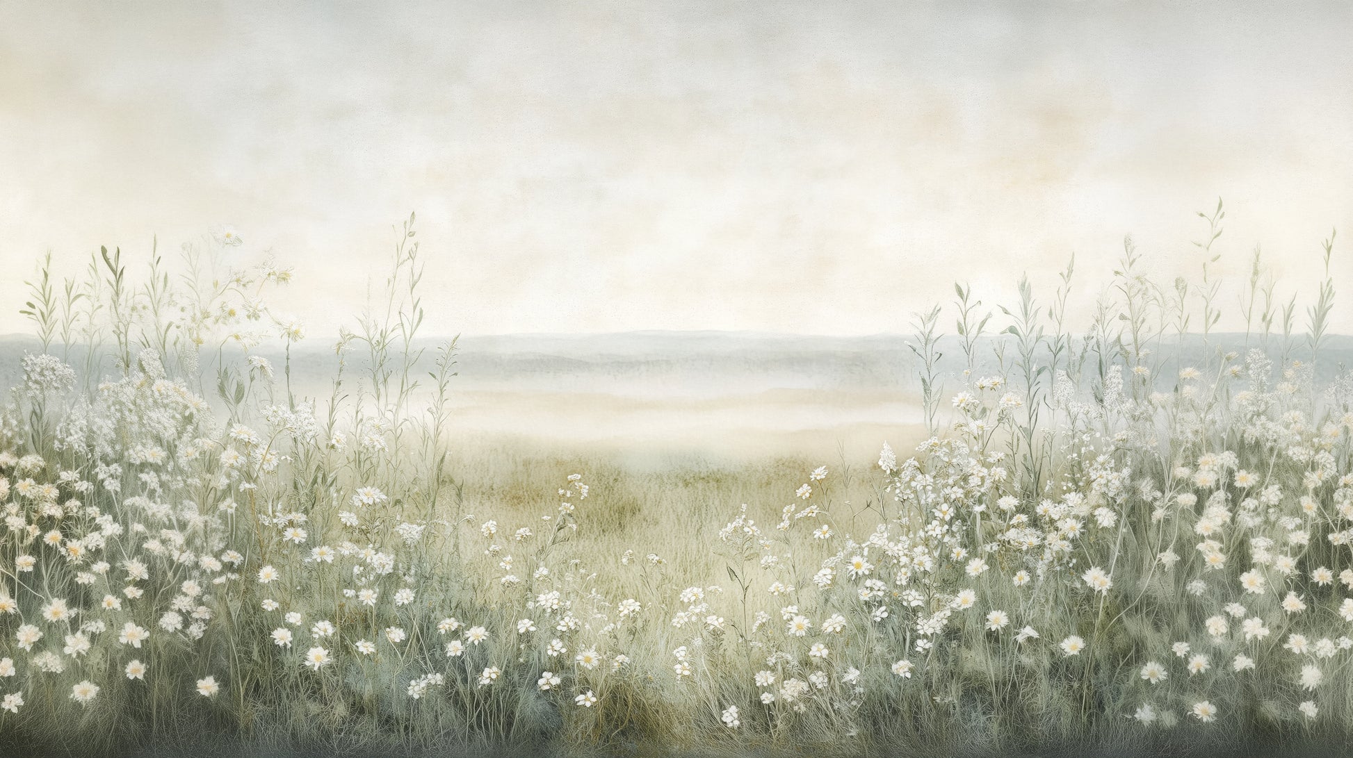 Prezentacja całego wzoru fototapety o nazwie DAWN'S EMBRACE - tapeta z mglistą łąką i kwiatami