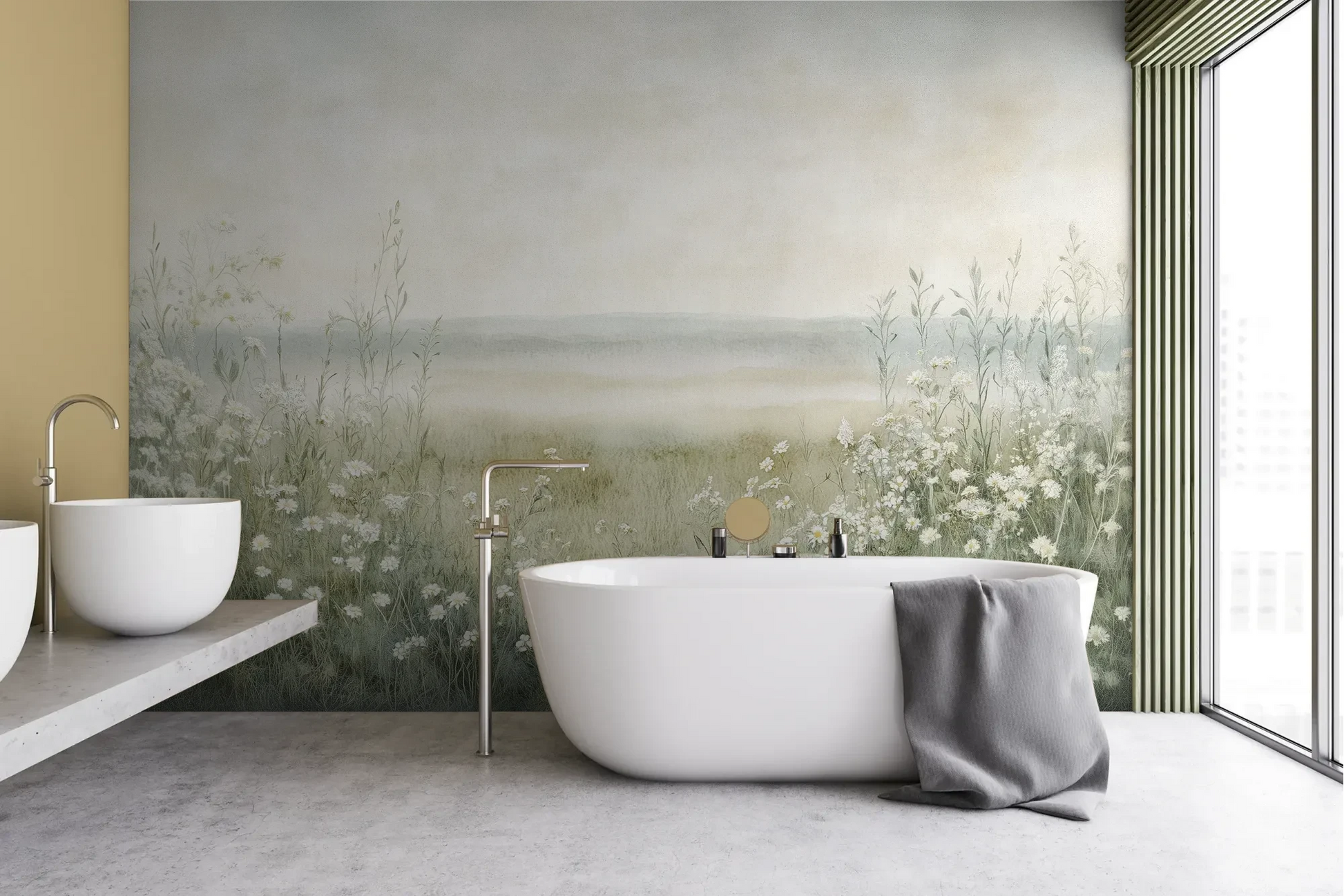 Wzór fototapety DAWN'S EMBRACE - tapeta z mglistą łąką i kwiatami pokazanej w aranżacji łazienki.