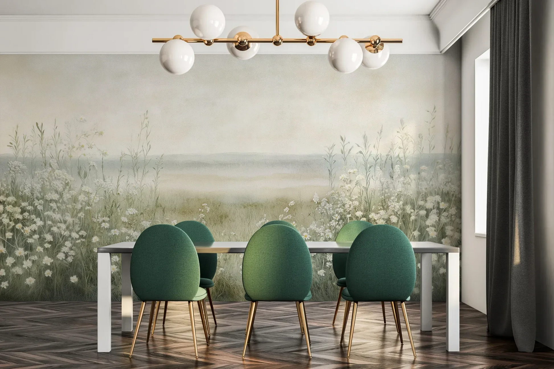 Fototapeta DAWN'S EMBRACE - tapeta z mglistą łąką i kwiatami pokazana w aranżacji jadalni.