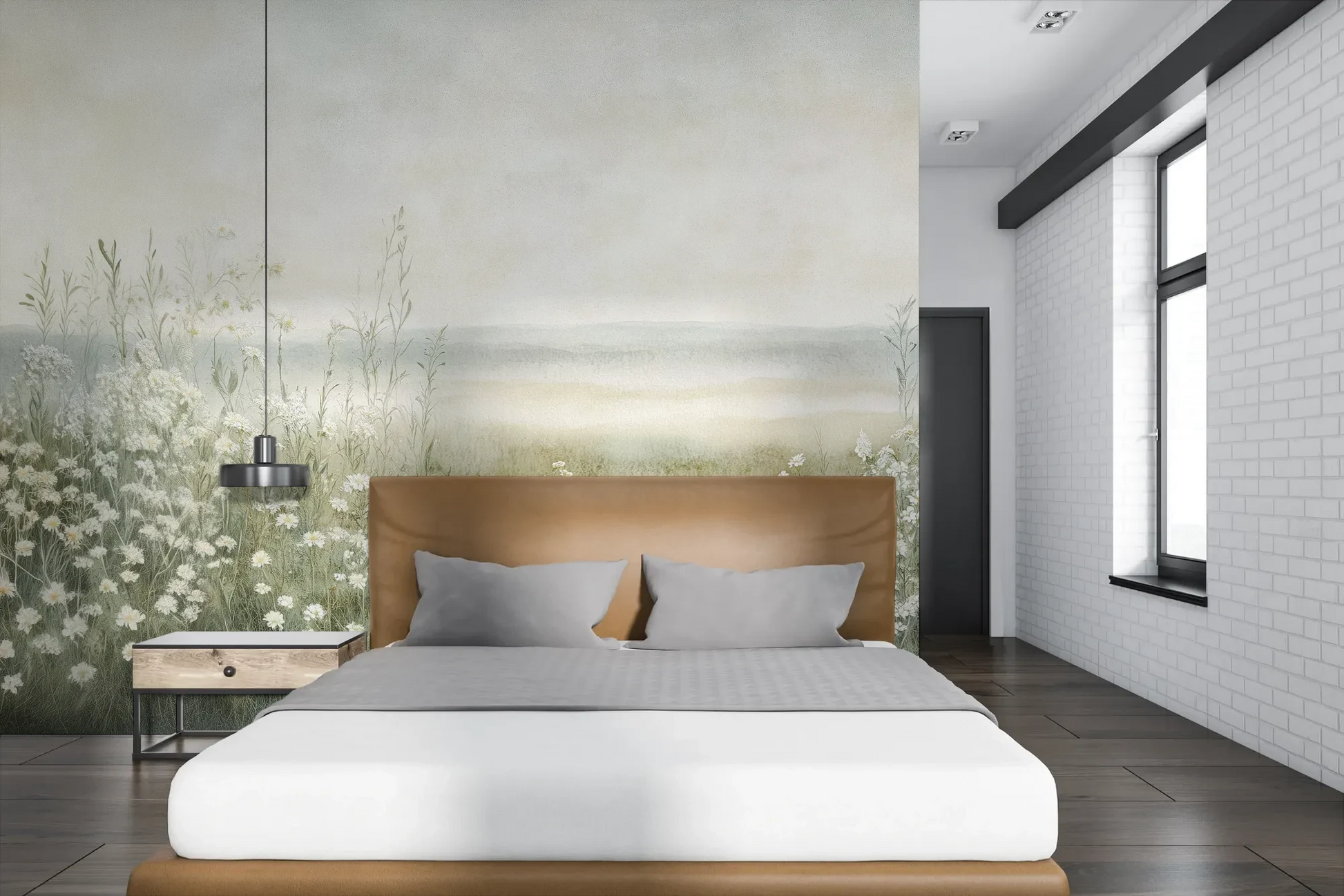 Wzór fototapety DAWN'S EMBRACE - tapeta z mglistą łąką i kwiatami pokazanej w aranżacji sypialni.