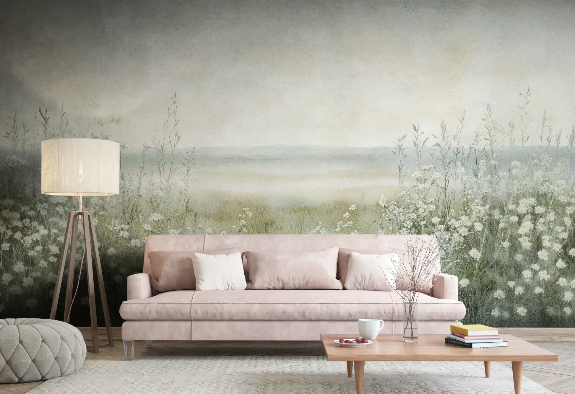 Wzór fototapety DAWN'S EMBRACE - tapeta z mglistą łąką i kwiatami pokazanej w aranżacji salonu.