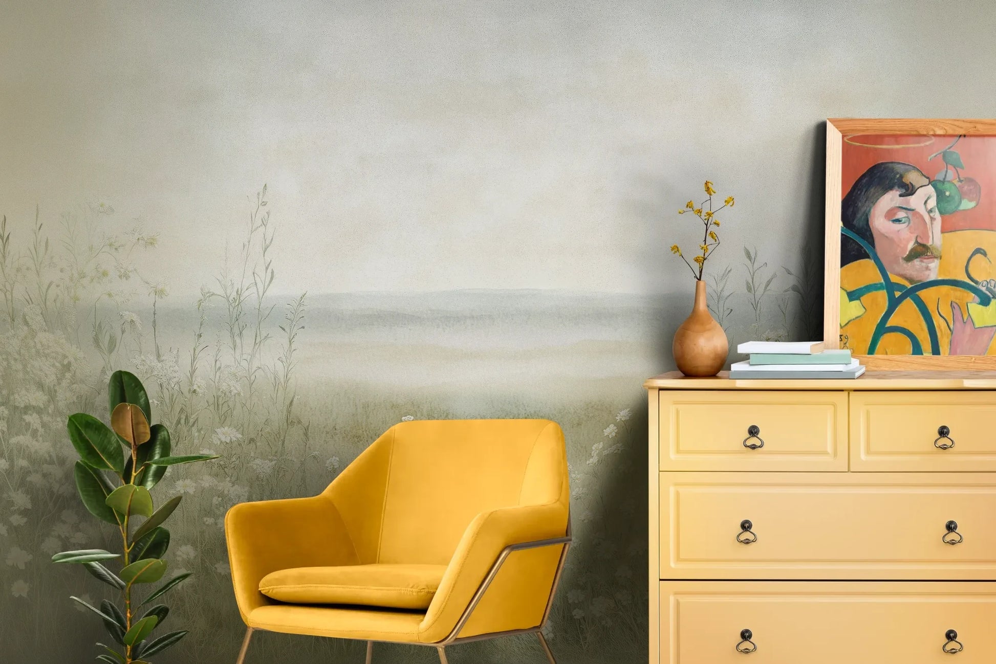 Wzór fototapety DAWN'S EMBRACE - tapeta z mglistą łąką i kwiatami pokazanej w aranżacji salonu.