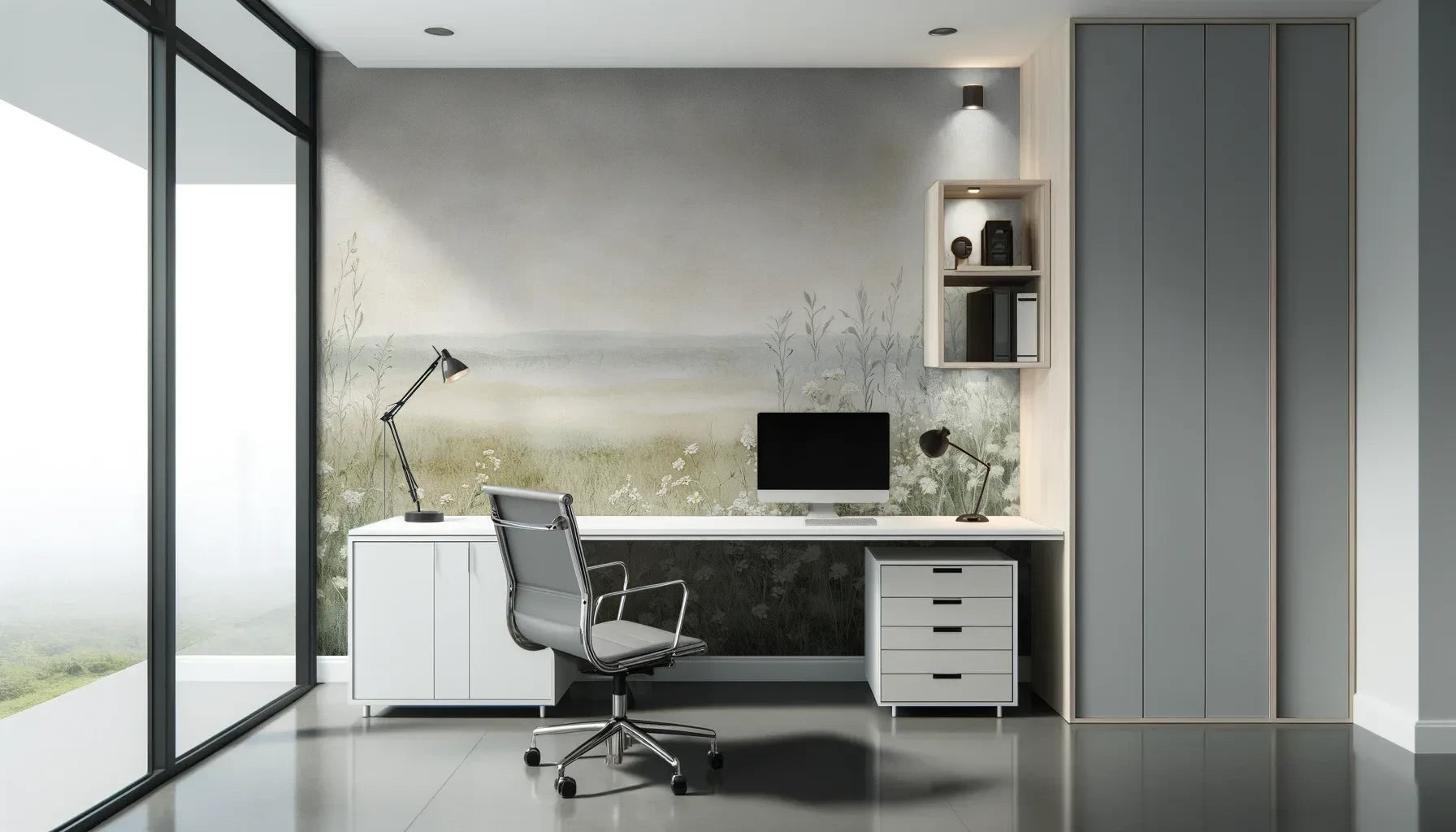 Fototapeta DAWN'S EMBRACE - tapeta z mglistą łąką i kwiatami pokazana w aranżacji biura.