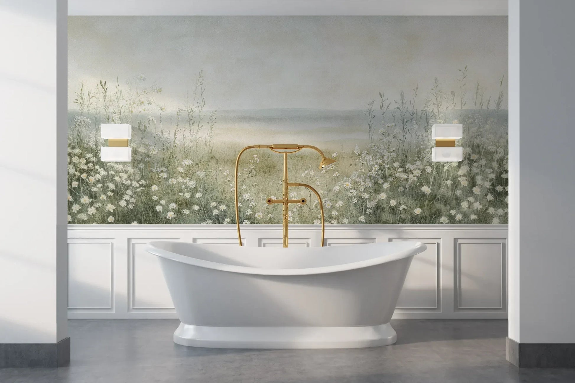 Wzór fototapety DAWN'S EMBRACE - tapeta z mglistą łąką i kwiatami pokazanej w aranżacji łazienki.