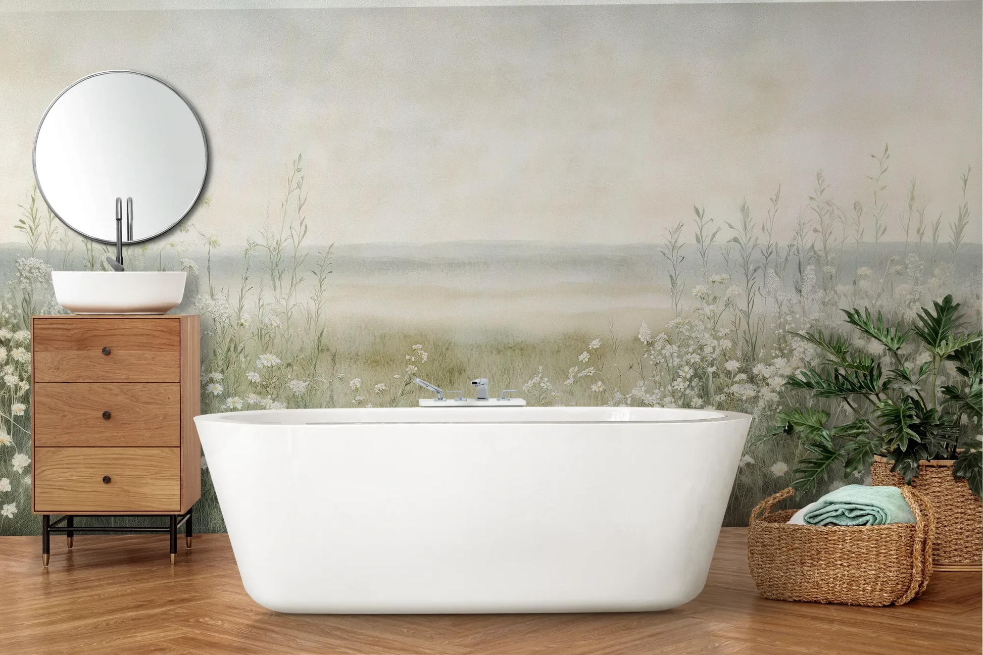 Wzór fototapety DAWN'S EMBRACE - tapeta z mglistą łąką i kwiatami pokazanej w aranżacji łazienki.