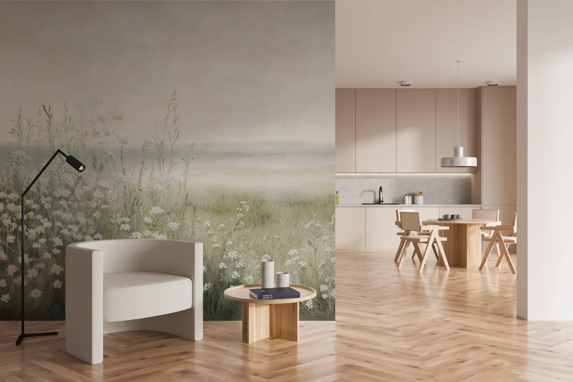 Wzór fototapety DAWN'S EMBRACE - tapeta z mglistą łąką i kwiatami pokazanej w aranżacji kuchni.