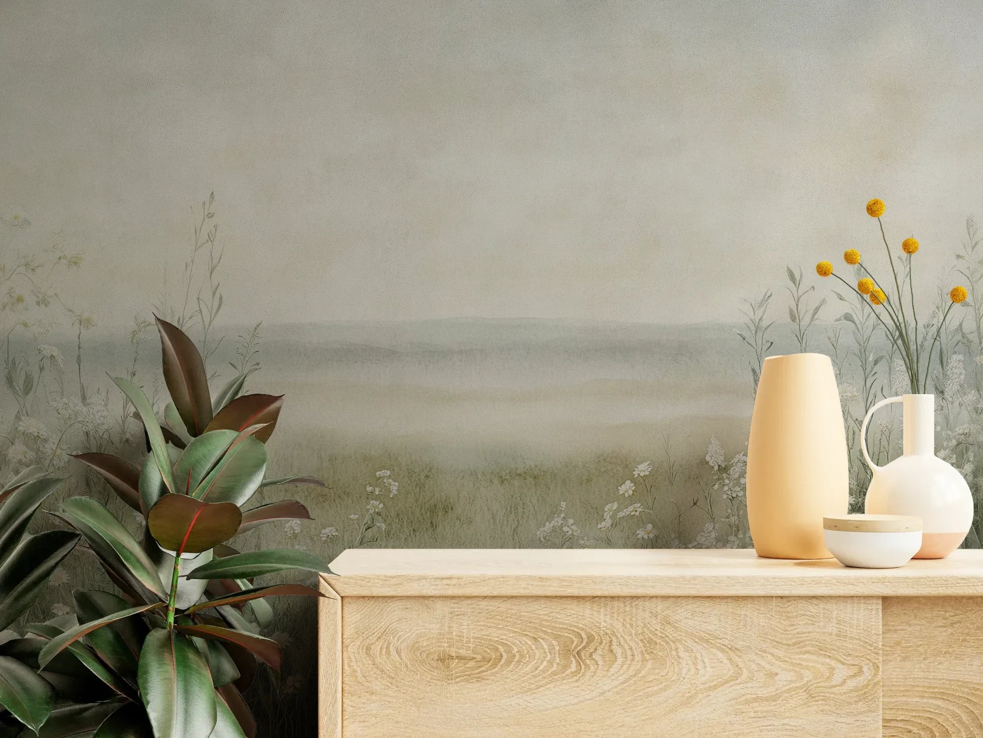 Fototapeta DAWN'S EMBRACE - tapeta z mglistą łąką i kwiatami pokazana w aranżacji wnętrza z akcentem na ścianie.
