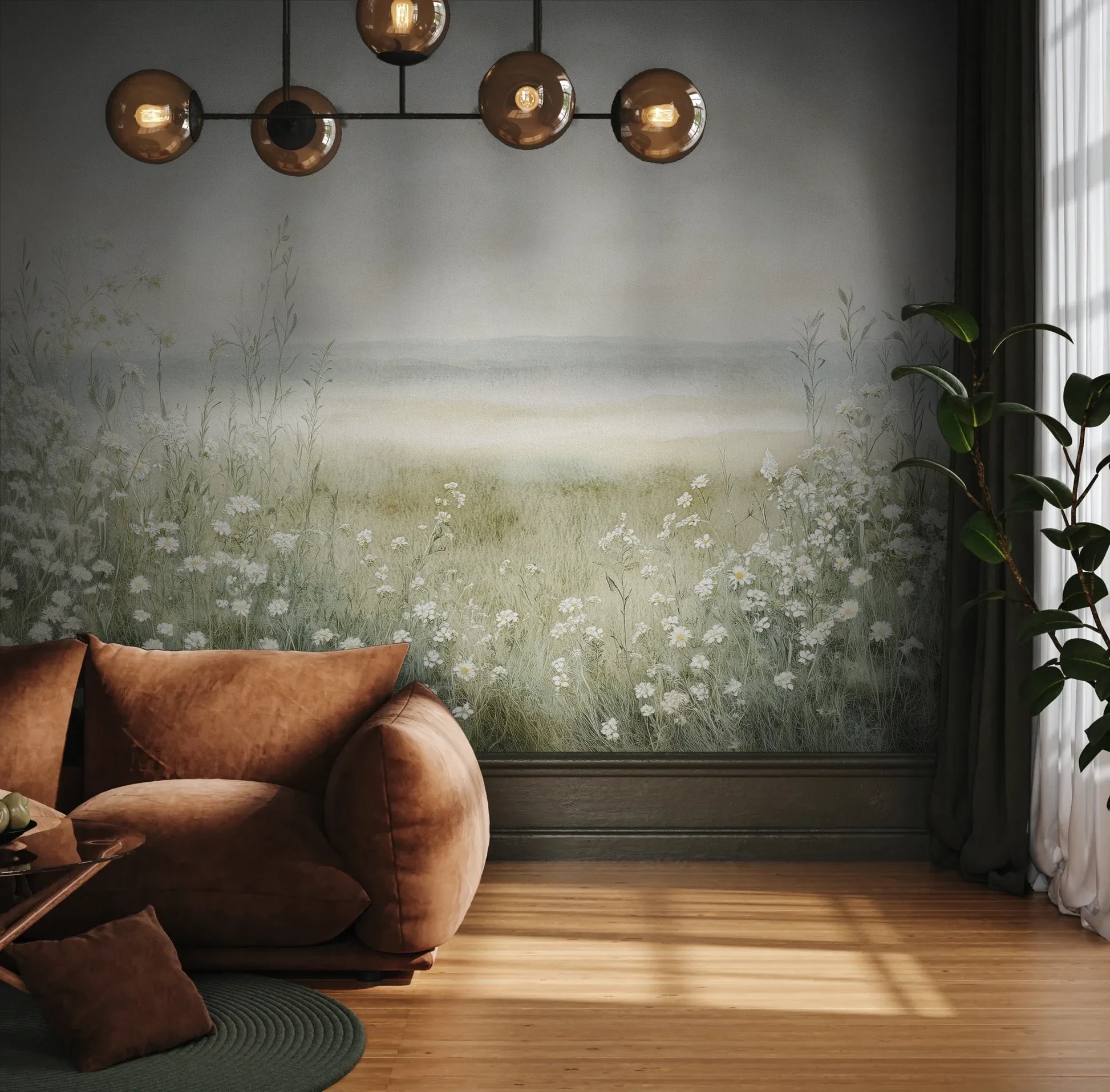 Fototapeta DAWN'S EMBRACE - tapeta z mglistą łąką i kwiatami pokazana w aranżacji wnętrza z akcentem na ścianie.