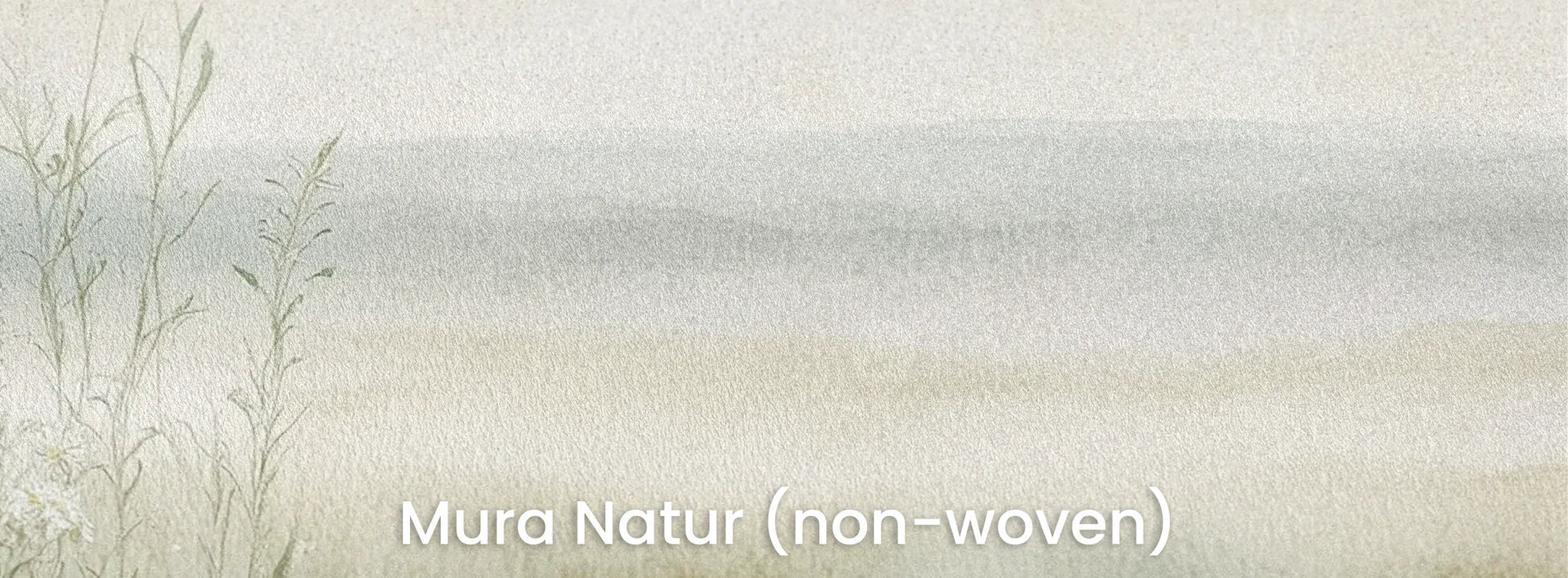 Zbliżenie na fototapetę DAWN'S EMBRACE - tapeta z mglistą łąką i kwiatami na naturalnym podłożu ekologicznym.