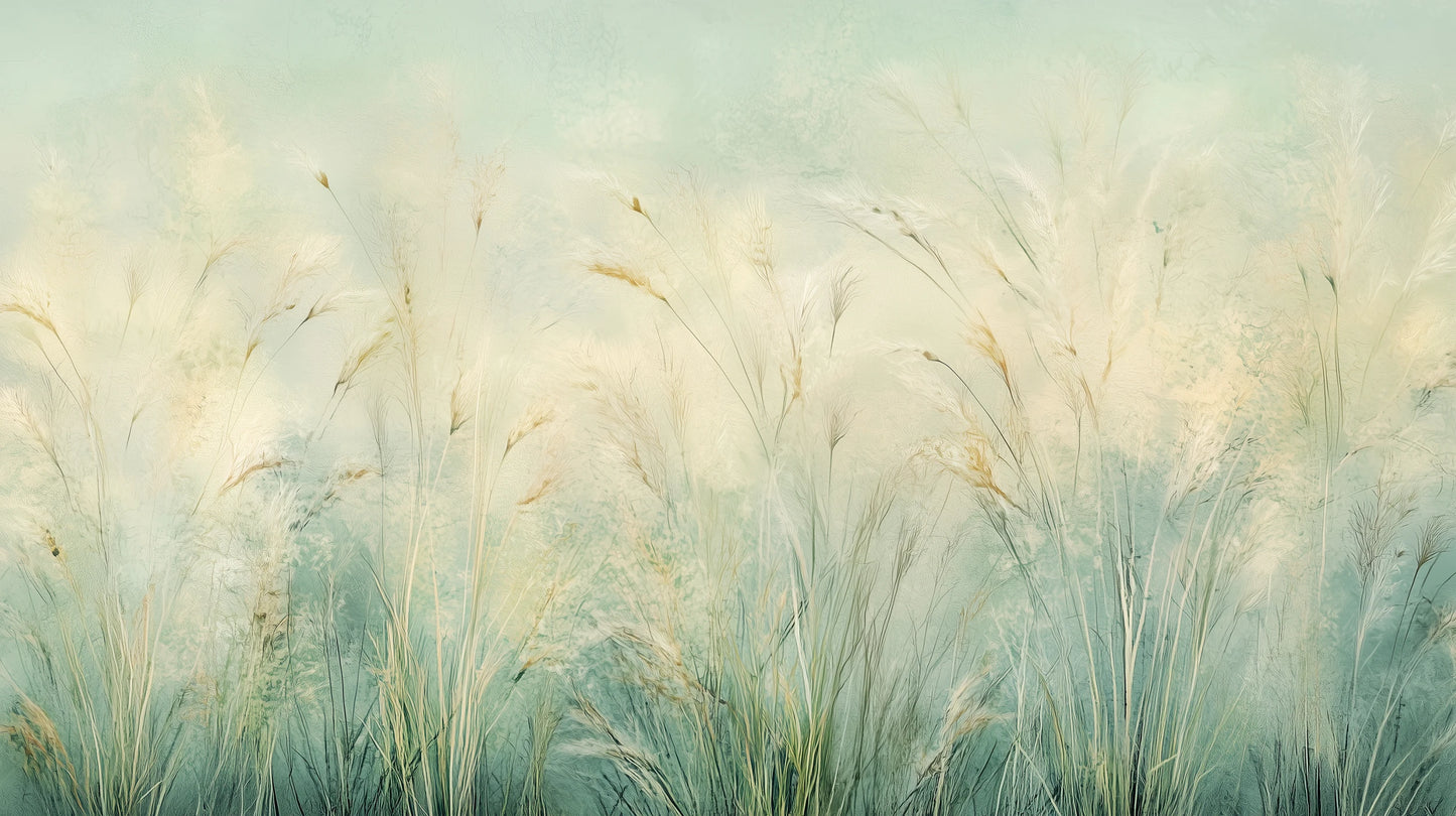 Prezentacja całego wzoru fototapety o nazwie EMERALD WALTZ - tapeta z mglistymi trawami w odcieniach zieleni