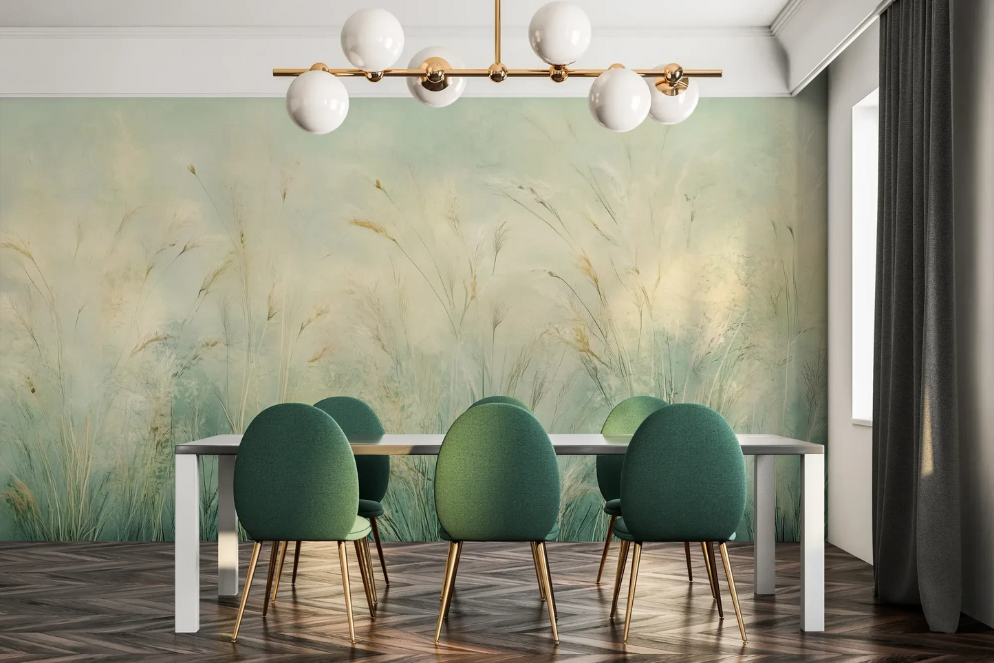 Fototapeta EMERALD WALTZ - tapeta z mglistymi trawami w odcieniach zieleni pokazana w aranżacji jadalni.