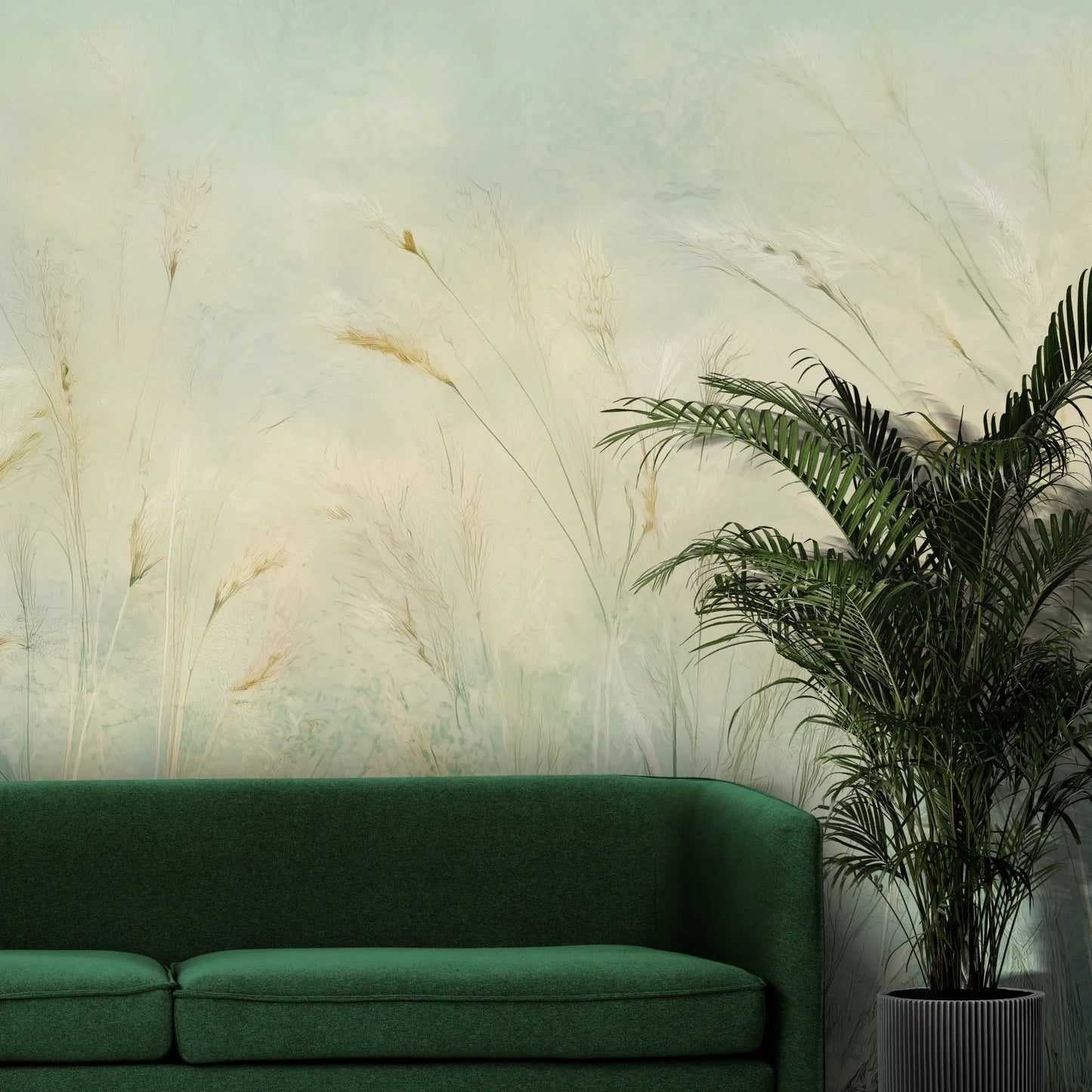 Fototapeta EMERALD WALTZ - tapeta z mglistymi trawami w odcieniach zieleni pokazana w aranżacji wnętrza z akcentem na ścianie.