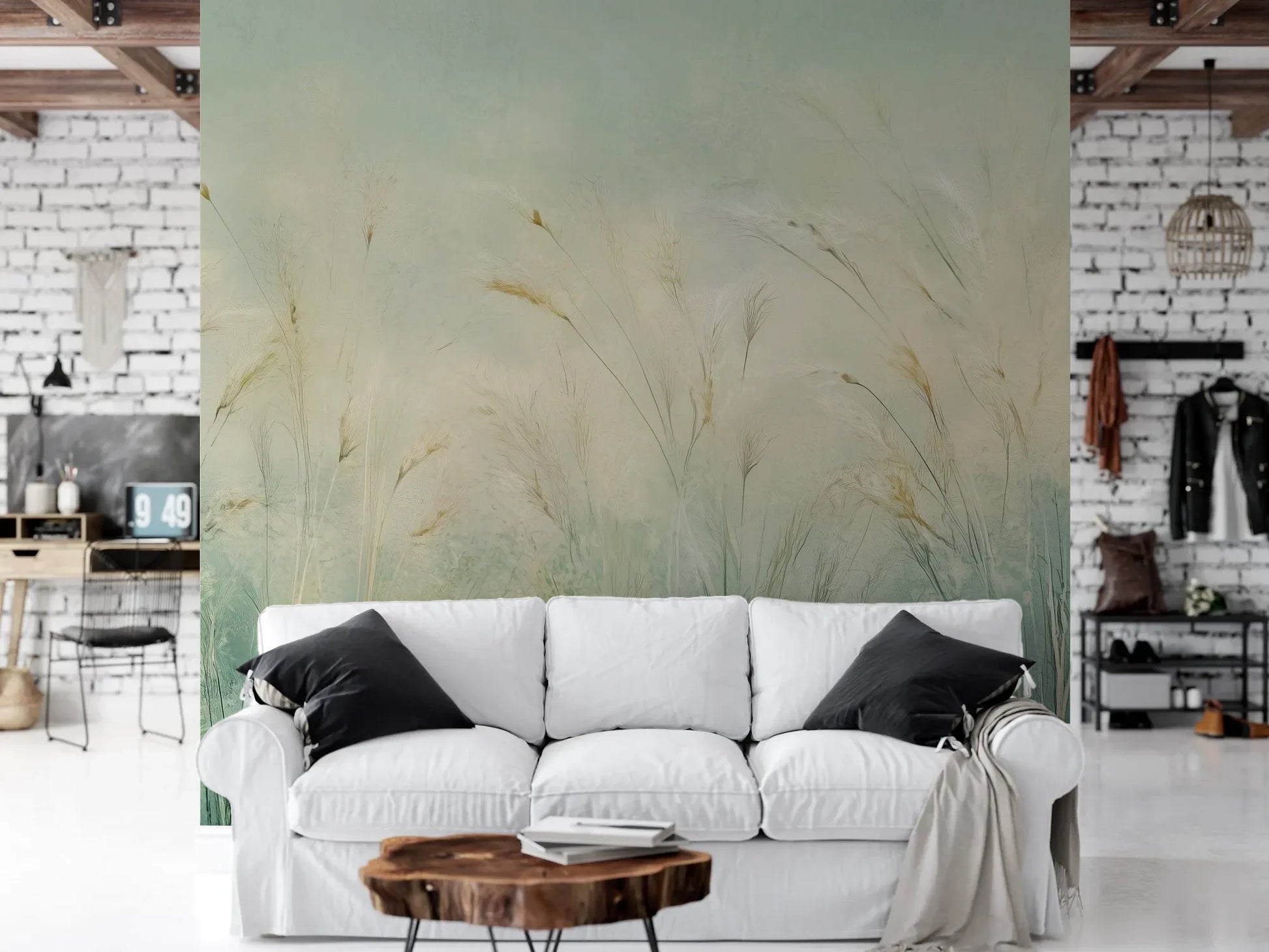 Wzór fototapety EMERALD WALTZ - tapeta z mglistymi trawami w odcieniach zieleni pokazanej w aranżacji salonu.