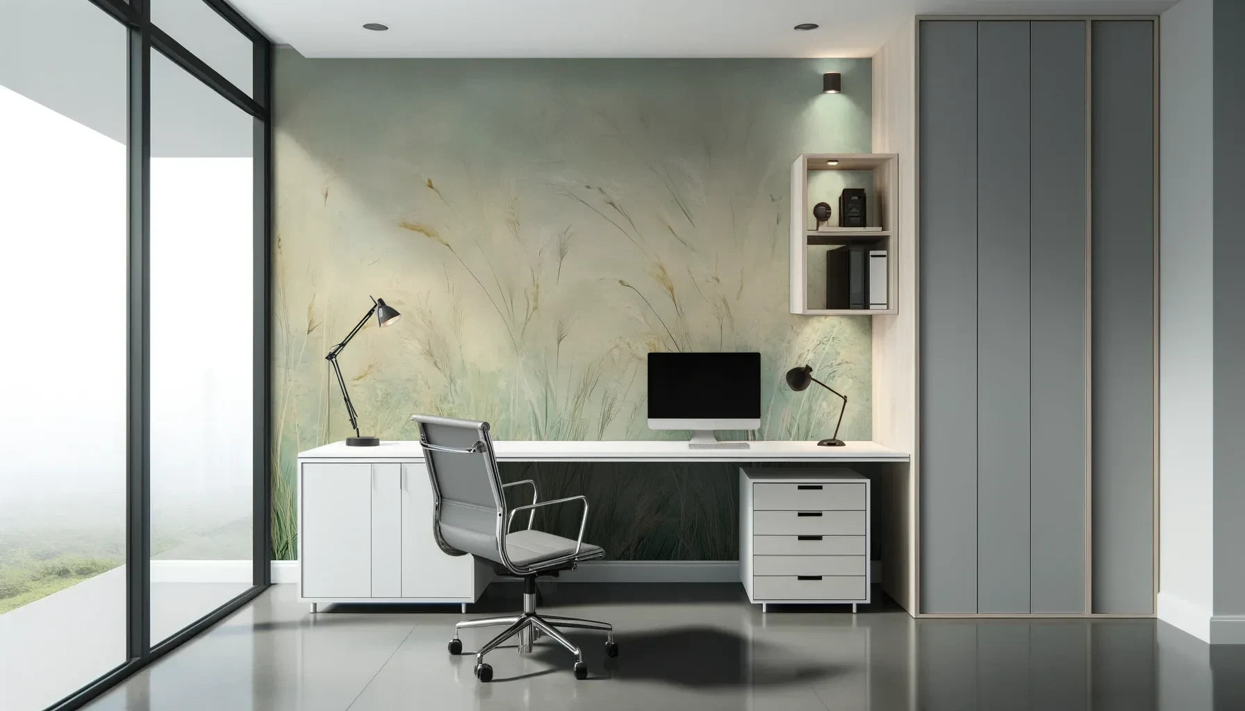 Fototapeta EMERALD WALTZ - tapeta z mglistymi trawami w odcieniach zieleni pokazana w aranżacji biura.