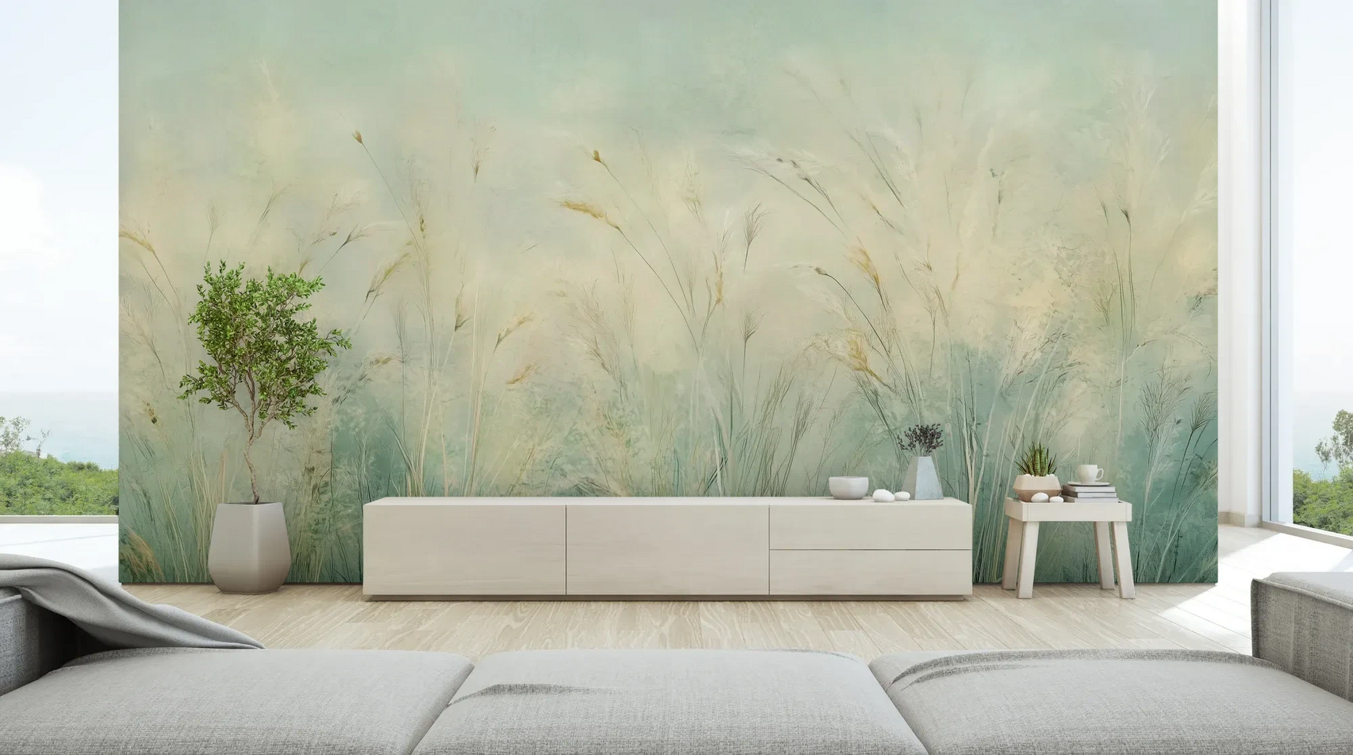 Wzór fototapety EMERALD WALTZ - tapeta z mglistymi trawami w odcieniach zieleni pokazanej w aranżacji salonu.