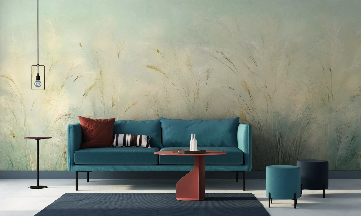 Wzór fototapety EMERALD WALTZ - tapeta z mglistymi trawami w odcieniach zieleni pokazanej w aranżacji salonu.