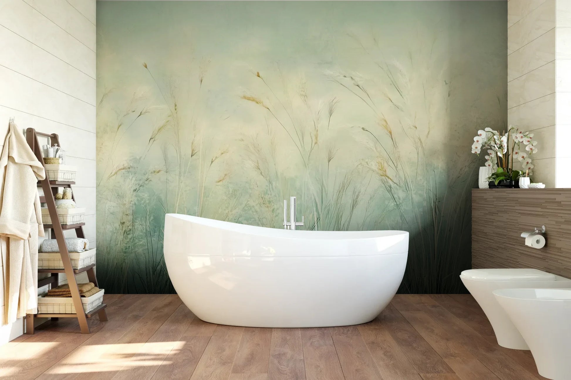 Wzór fototapety EMERALD WALTZ - tapeta z mglistymi trawami w odcieniach zieleni pokazanej w aranżacji łazienki.