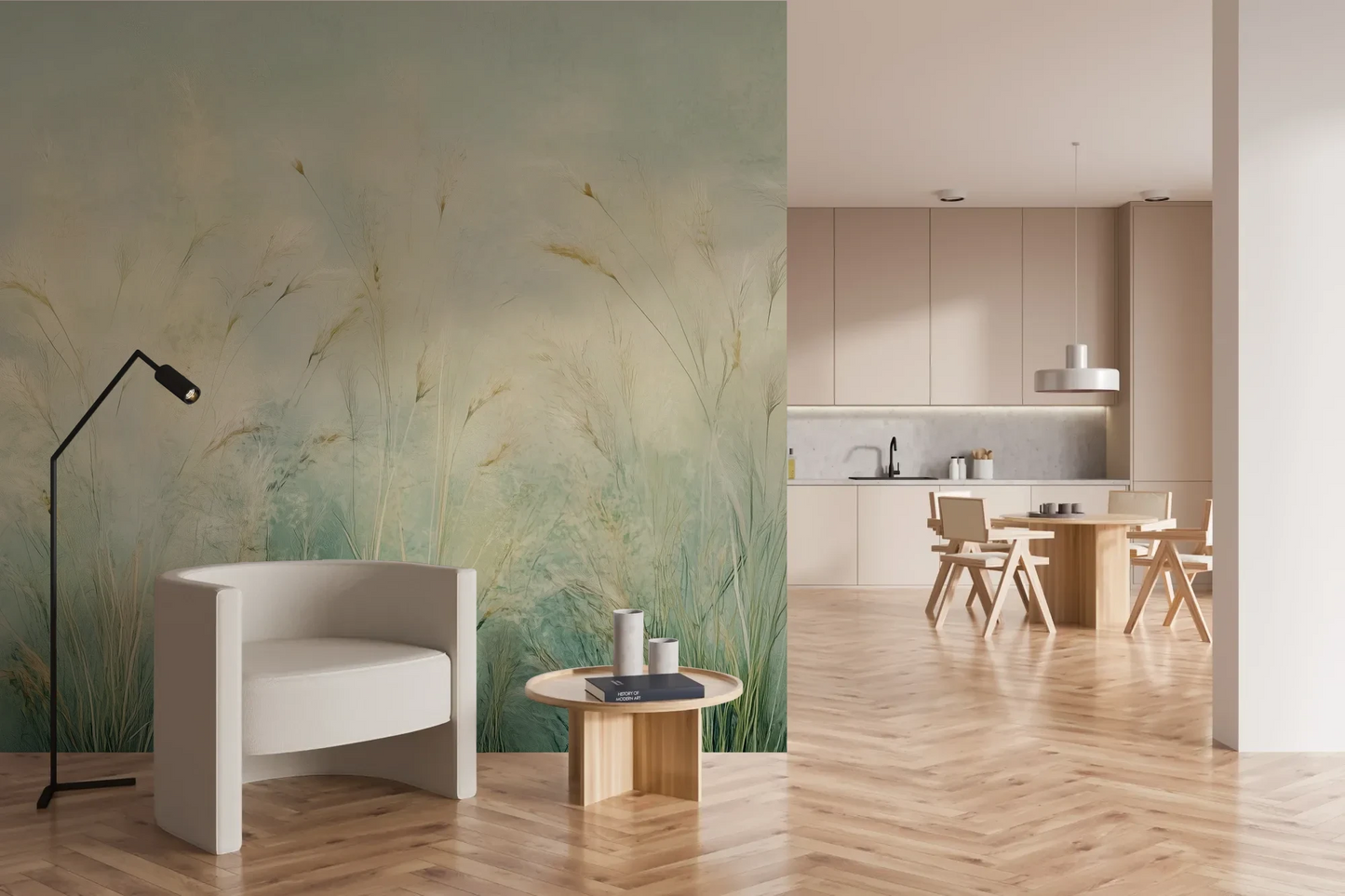 Wzór fototapety EMERALD WALTZ - tapeta z mglistymi trawami w odcieniach zieleni pokazanej w aranżacji kuchni.