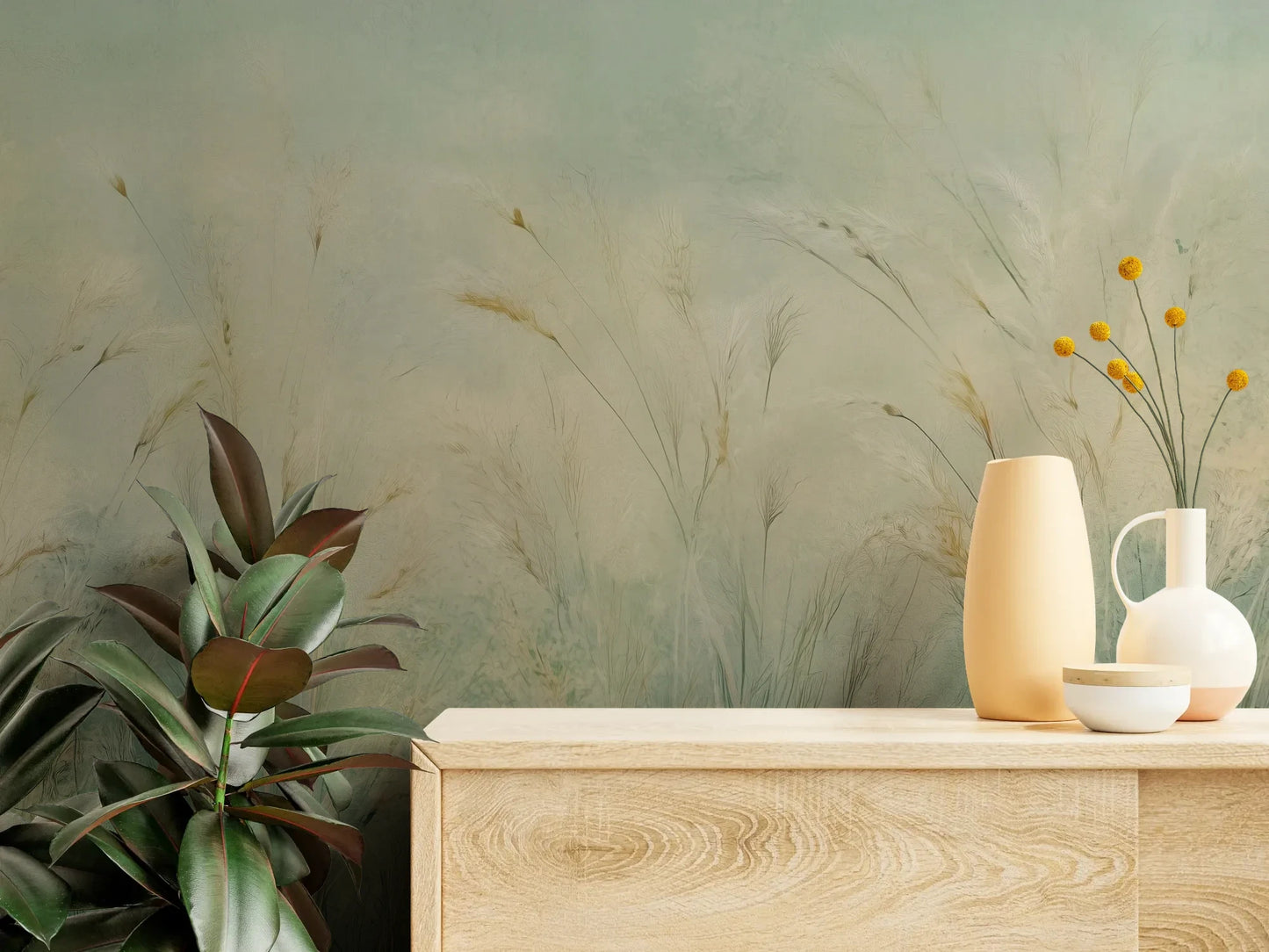 Fototapeta EMERALD WALTZ - tapeta z mglistymi trawami w odcieniach zieleni pokazana w aranżacji wnętrza z akcentem na ścianie.