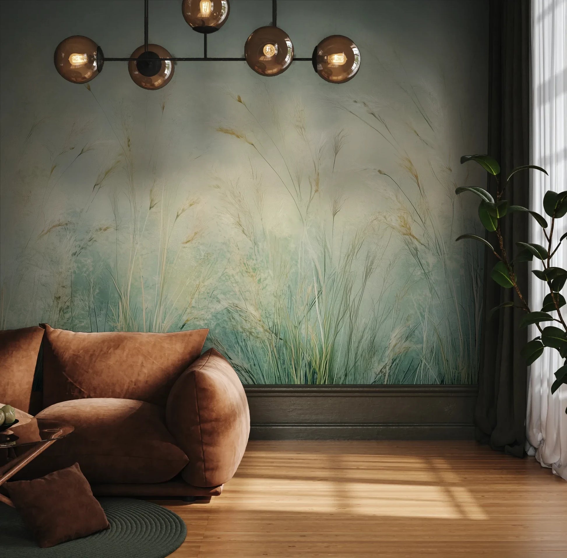 Fototapeta EMERALD WALTZ - tapeta z mglistymi trawami w odcieniach zieleni pokazana w aranżacji wnętrza z akcentem na ścianie.