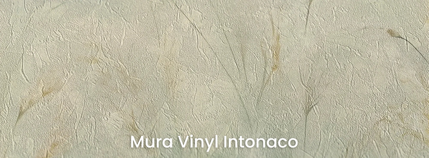 Zbliżenie na fototapetę EMERALD WALTZ - tapeta z mglistymi trawami w odcieniach zieleni na podłożu o strukturze tartego tynku.