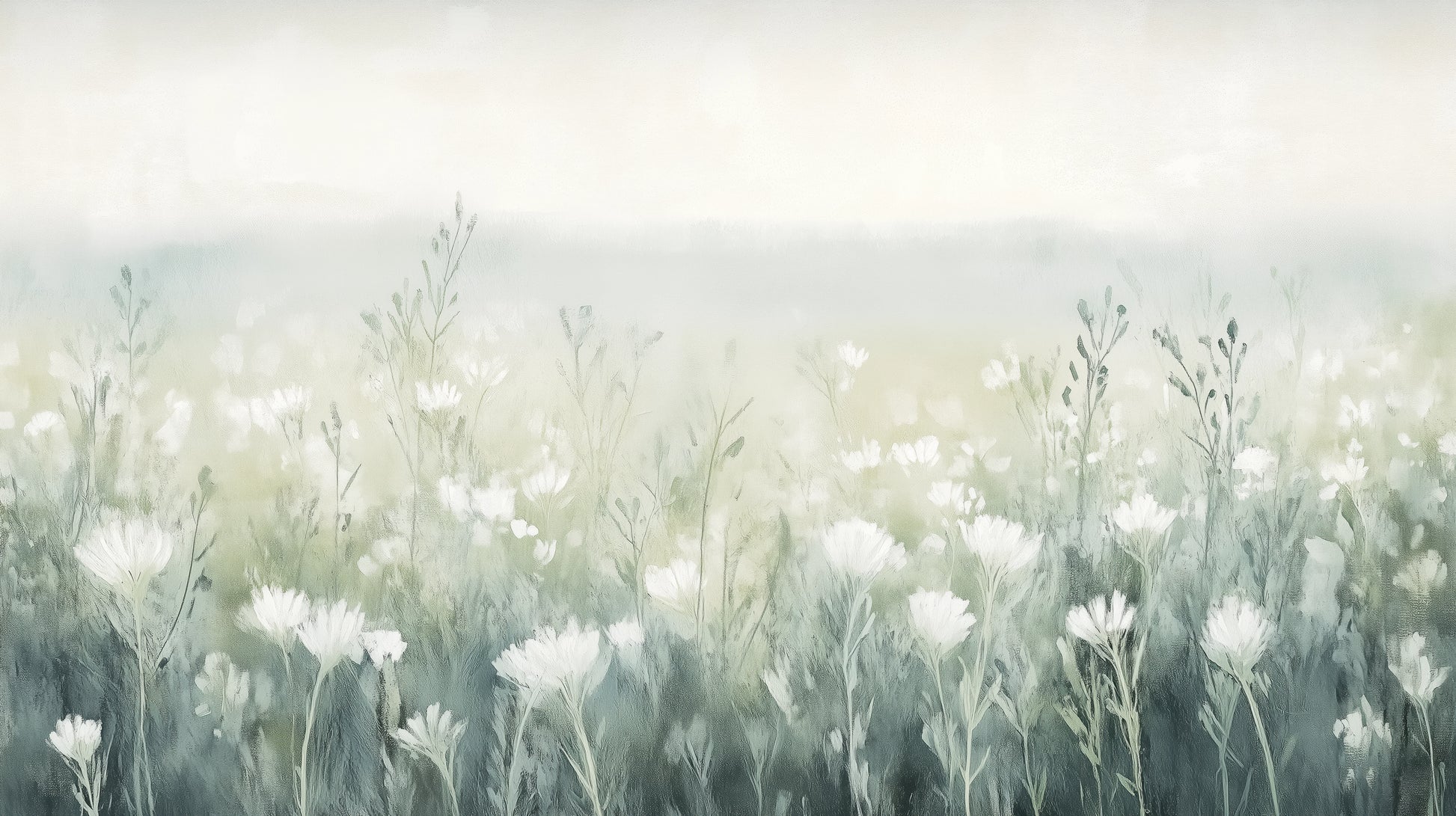 Prezentacja całego wzoru fototapety o nazwie WINTER'S BLOOM - tapeta z mglistą łąką w pastelach