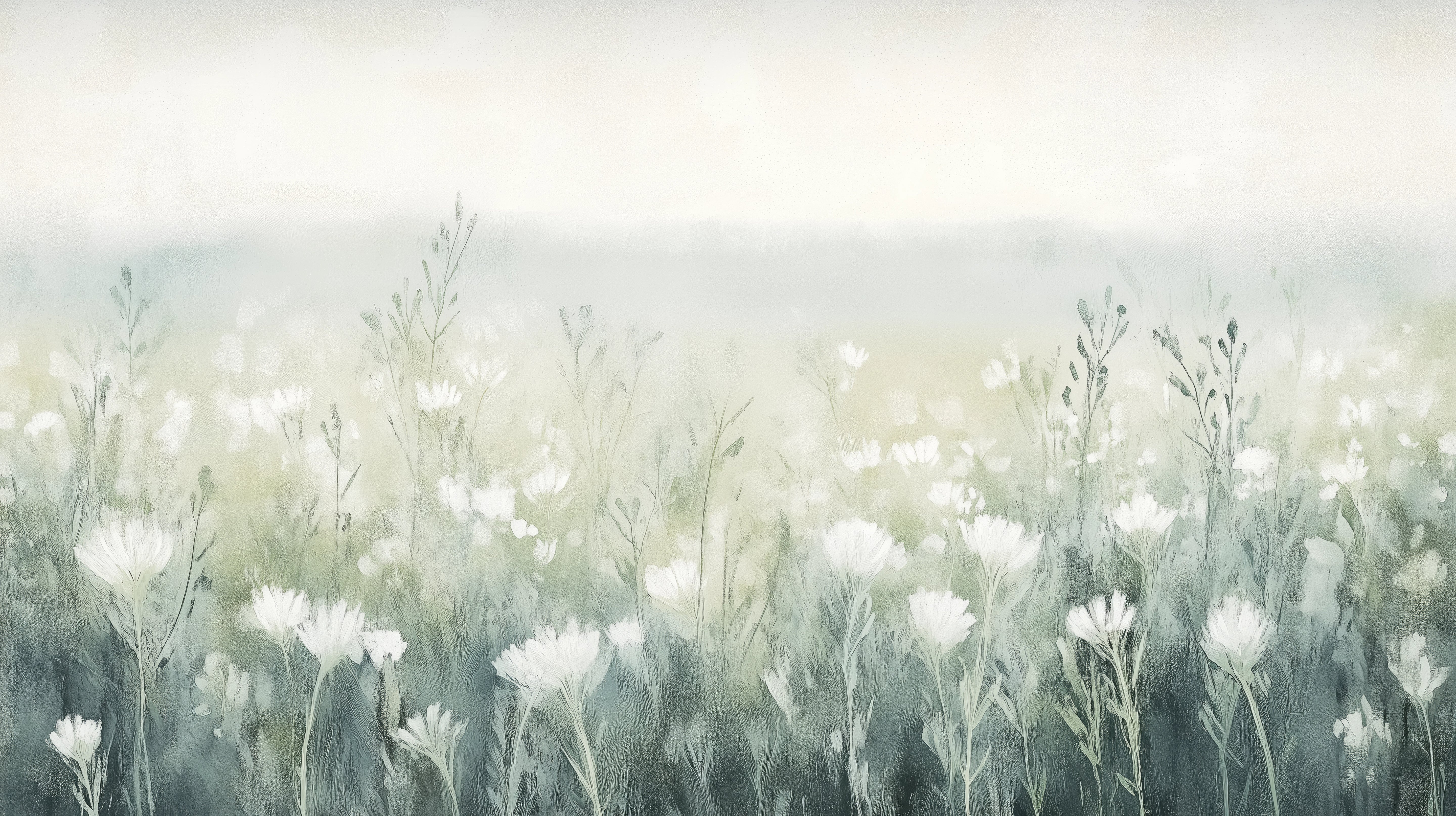Podgląd wzoru: Prezentacja całego wzoru fototapety o nazwie WINTER'S BLOOM - tapeta z mglistą łąką w pastelach