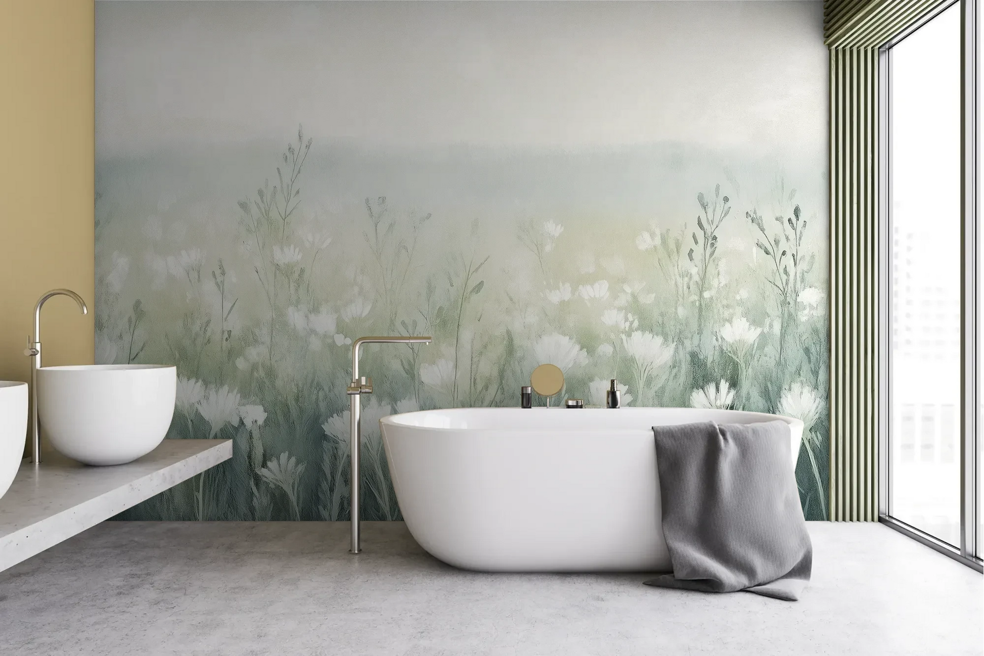 Wzór fototapety WINTER'S BLOOM - tapeta z mglistą łąką w pastelach pokazanej w aranżacji łazienki.