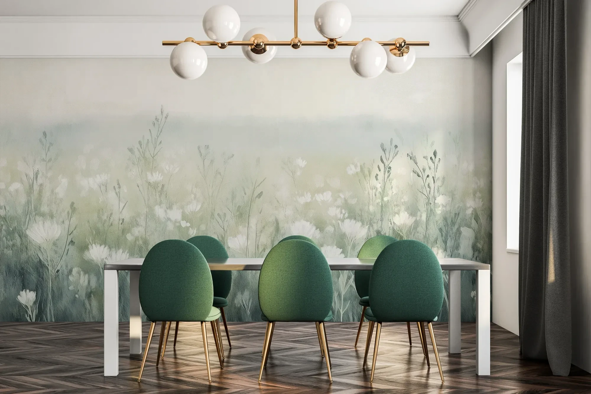 Fototapeta WINTER'S BLOOM - tapeta z mglistą łąką w pastelach pokazana w aranżacji jadalni.