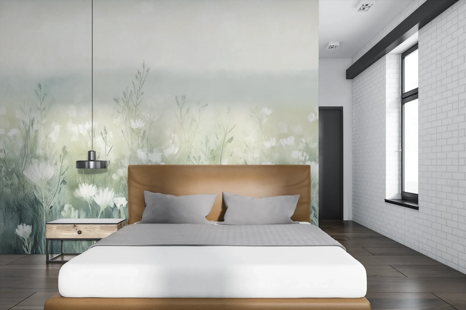 Wzór fototapety WINTER'S BLOOM - tapeta z mglistą łąką w pastelach pokazanej w aranżacji sypialni.