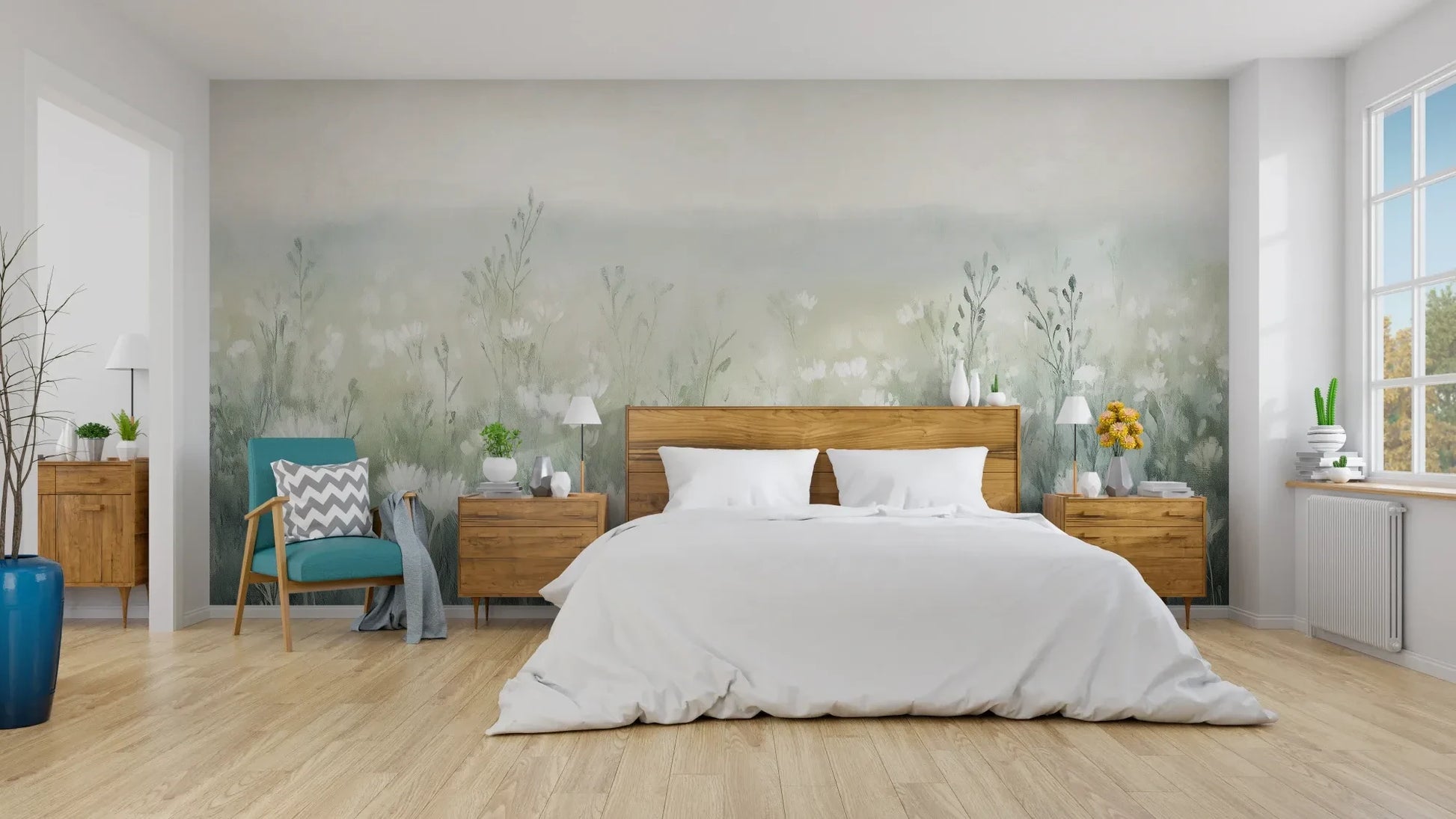 Wzór fototapety WINTER'S BLOOM - tapeta z mglistą łąką w pastelach pokazanej w aranżacji sypialni.