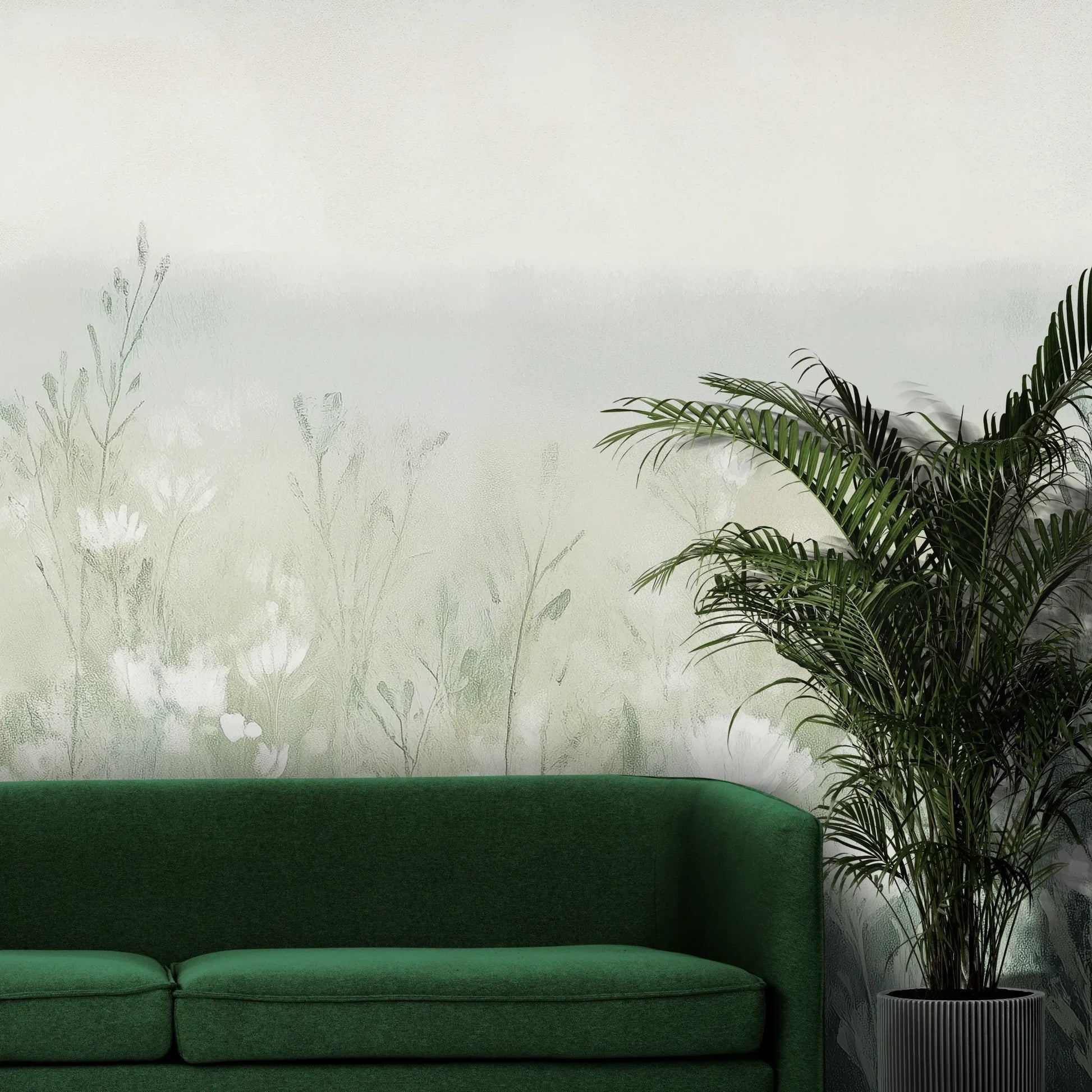 Fototapeta WINTER'S BLOOM - tapeta z mglistą łąką w pastelach pokazana w aranżacji wnętrza z akcentem na ścianie.