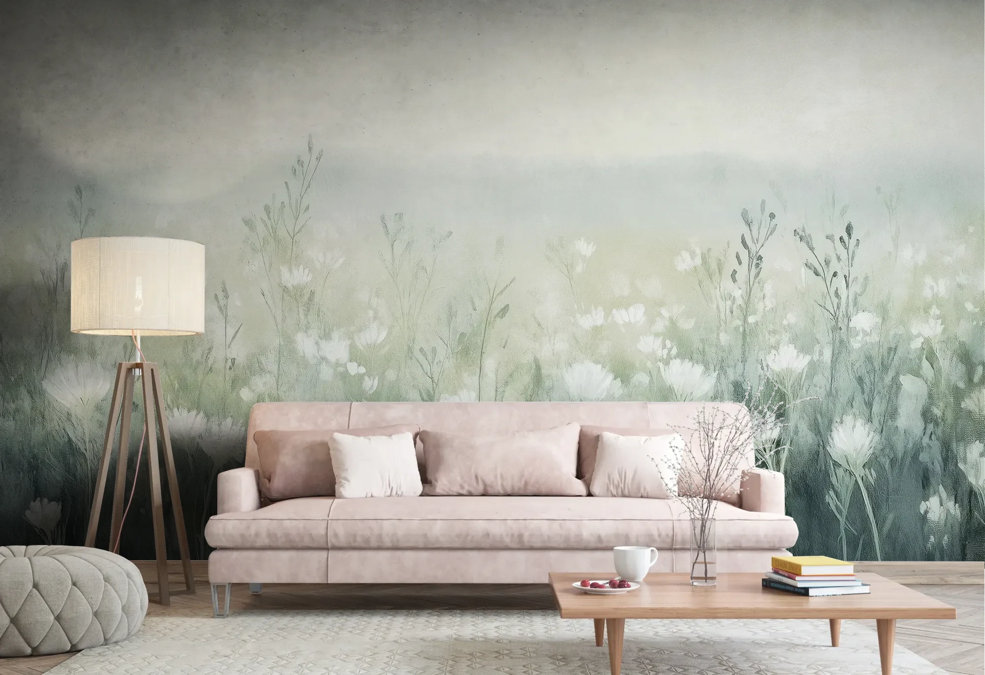 Wzór fototapety WINTER'S BLOOM - tapeta z mglistą łąką w pastelach pokazanej w aranżacji salonu.