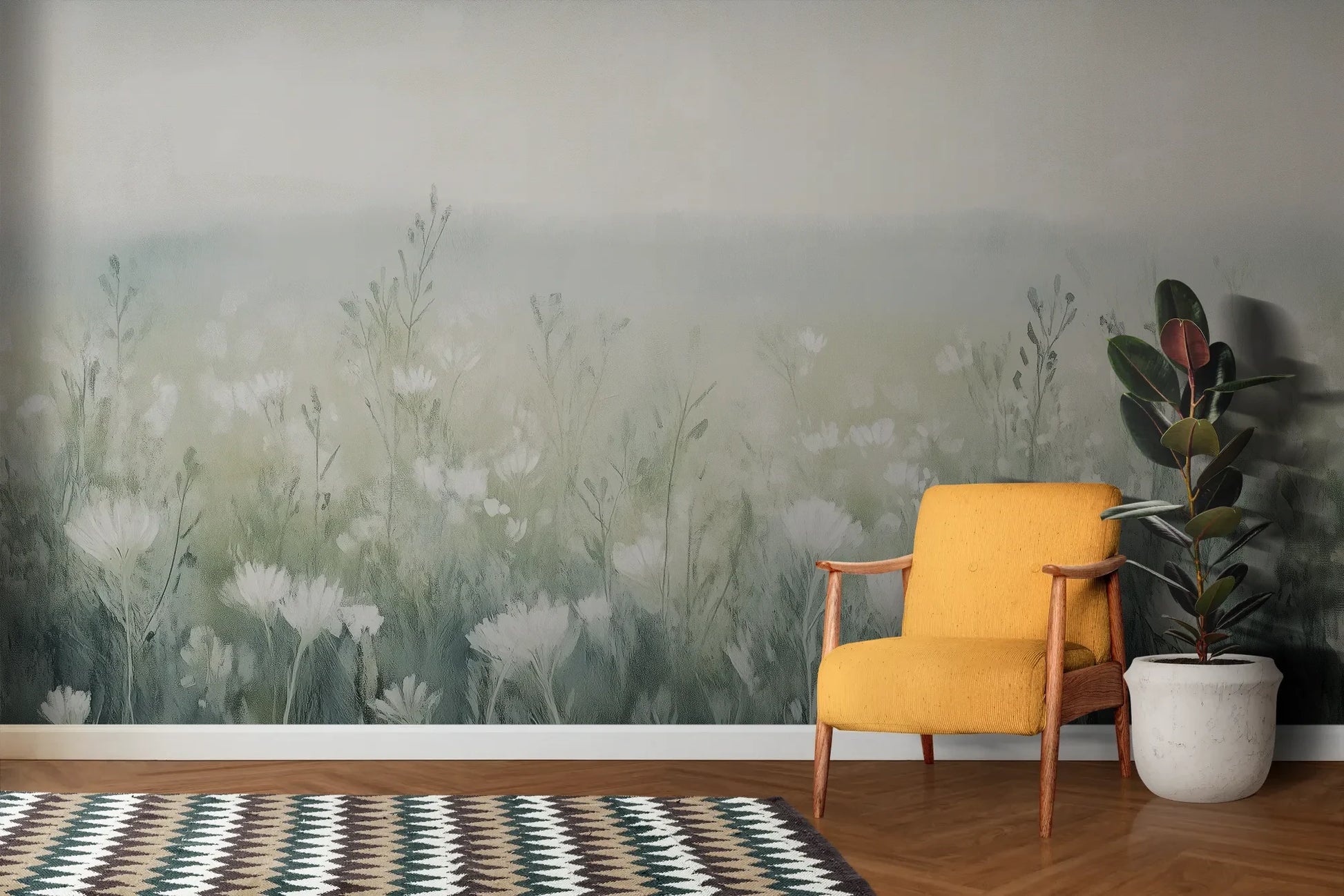 Wzór fototapety WINTER'S BLOOM - tapeta z mglistą łąką w pastelach pokazanej w aranżacji salonu.