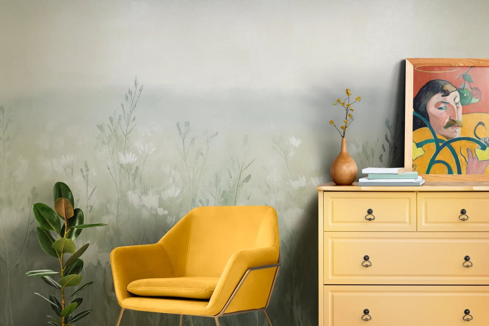 Wzór fototapety WINTER'S BLOOM - tapeta z mglistą łąką w pastelach pokazanej w aranżacji salonu.