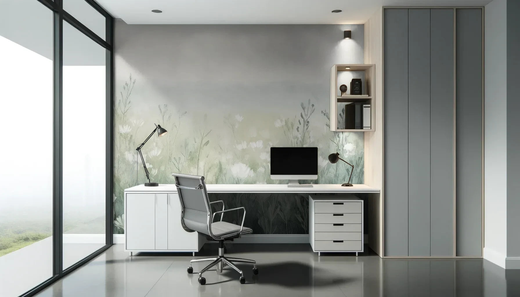 Fototapeta WINTER'S BLOOM - tapeta z mglistą łąką w pastelach pokazana w aranżacji biura.