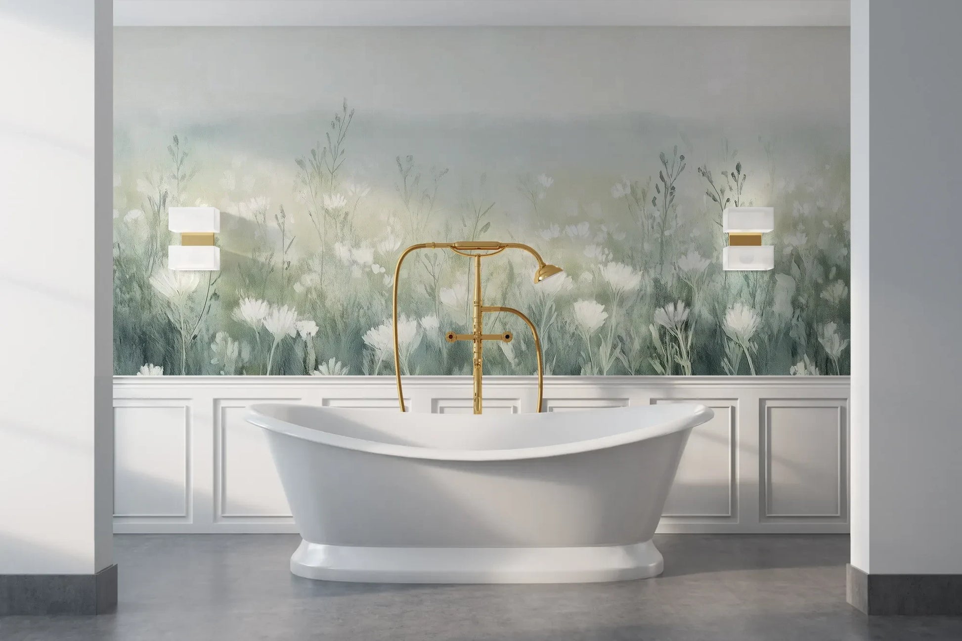 Wzór fototapety WINTER'S BLOOM - tapeta z mglistą łąką w pastelach pokazanej w aranżacji łazienki.