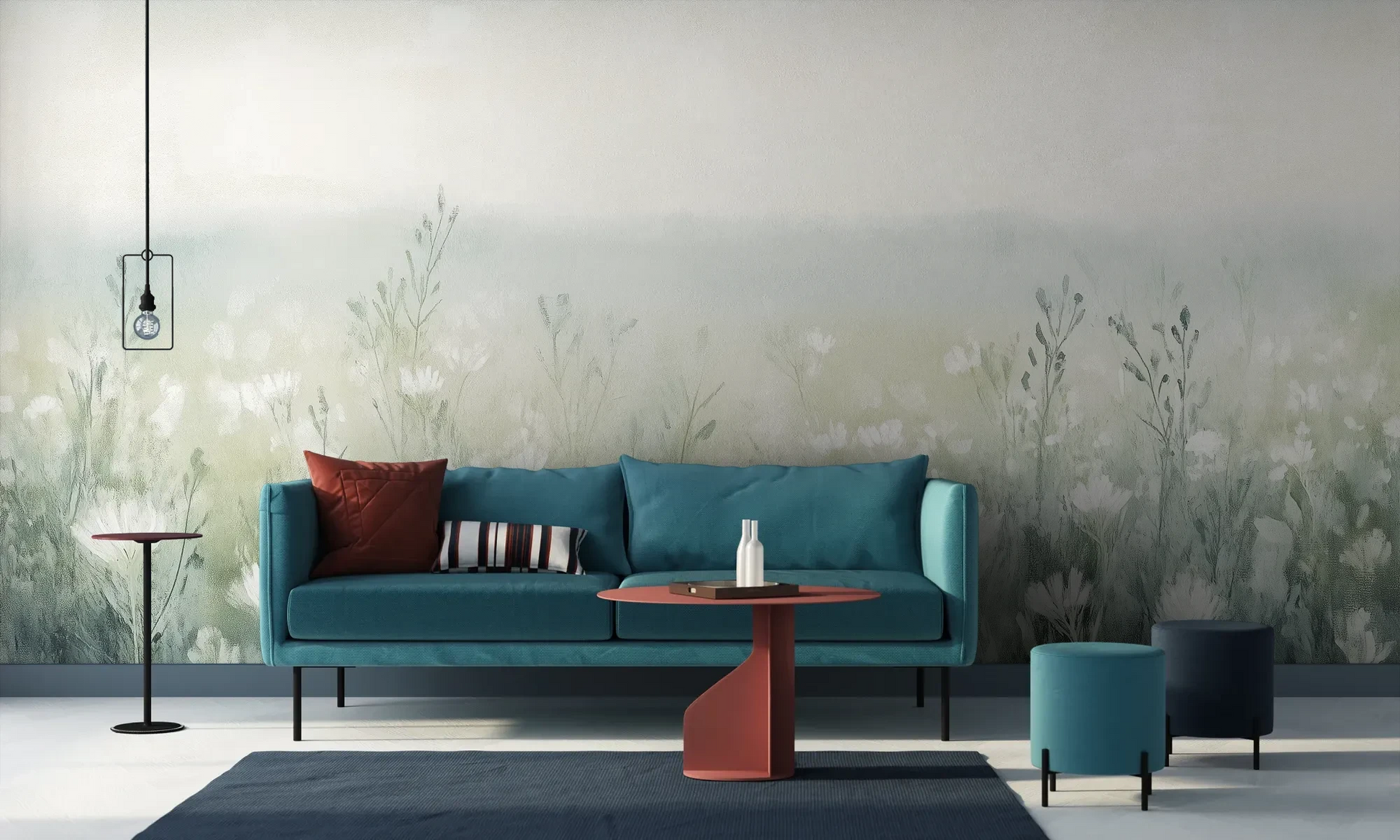 Wzór fototapety WINTER'S BLOOM - tapeta z mglistą łąką w pastelach pokazanej w aranżacji salonu.